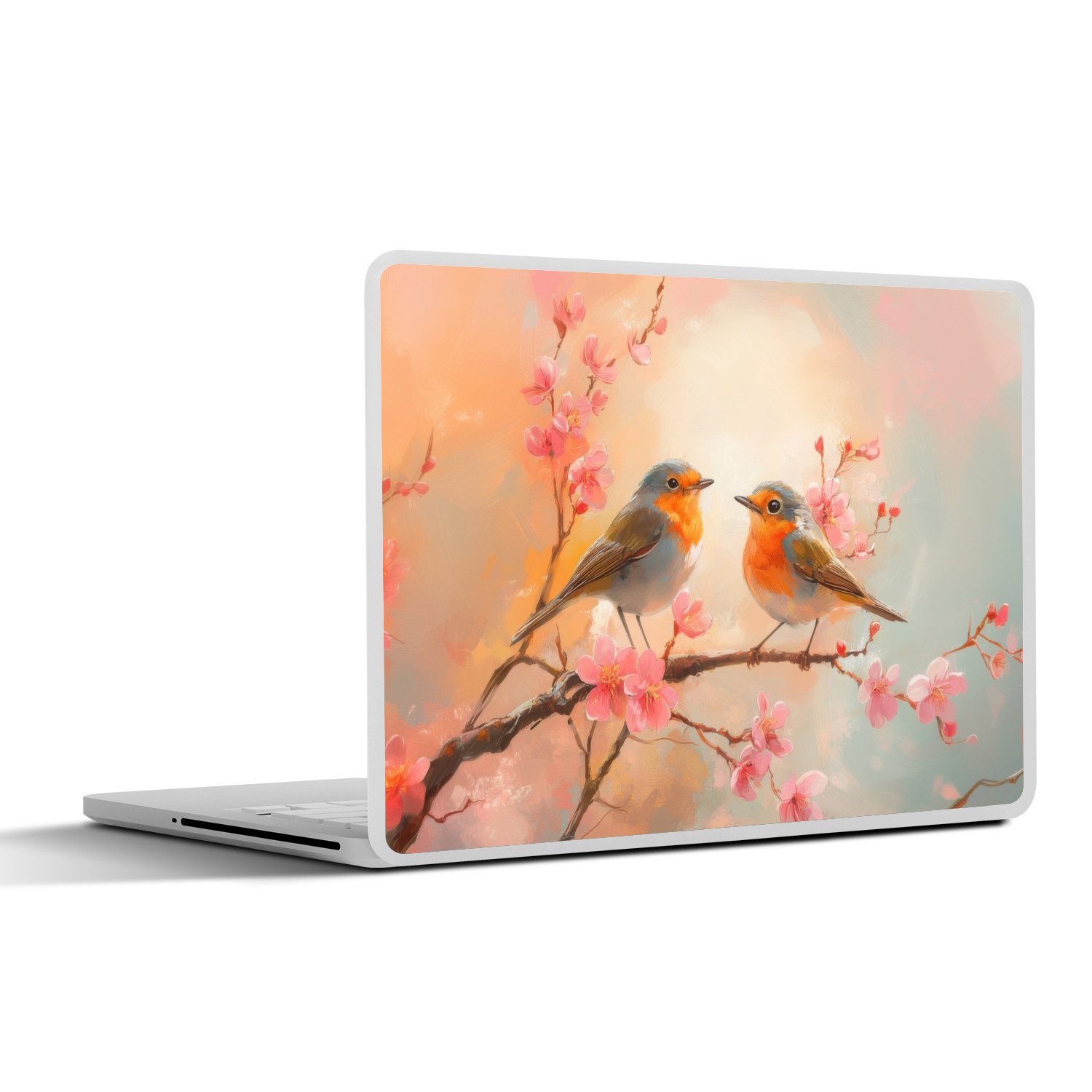 MuchoWow Laptop-Aufkleber Rotkehlchen - Zierpflanze - Blütenzweig, (1tlg), Laptop Folien Cover, Aufkleber, Sticker, Schutz vor Kratzern, 25x18 cm von MuchoWow