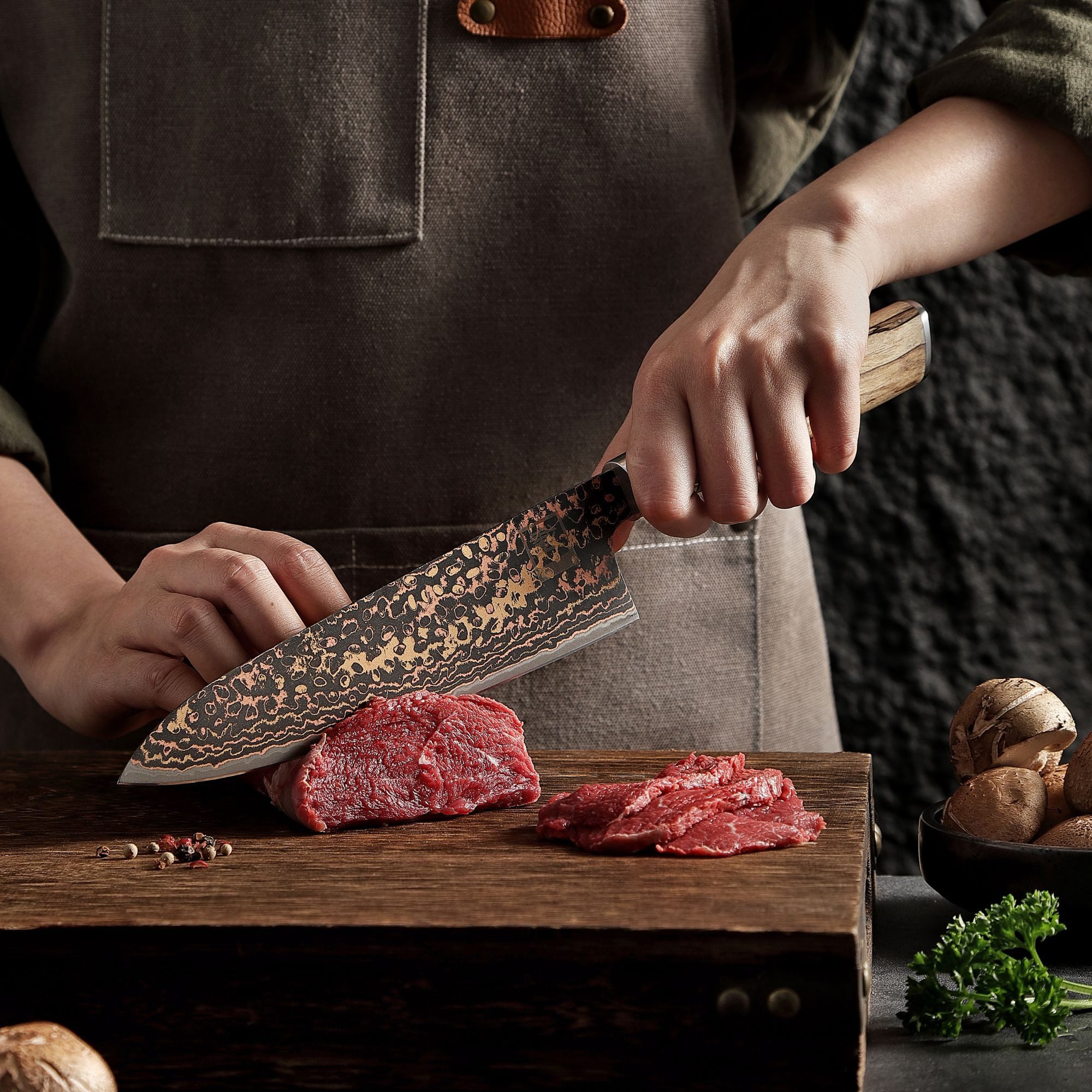 ZAYIKO Universalküchenmesser BlackMagma Damast Chefmesser Küchenmesser 19 cm Klinge Kupfer-Bronze, schwarzer Damaststahl, Kupfer-Bronze-Einlage