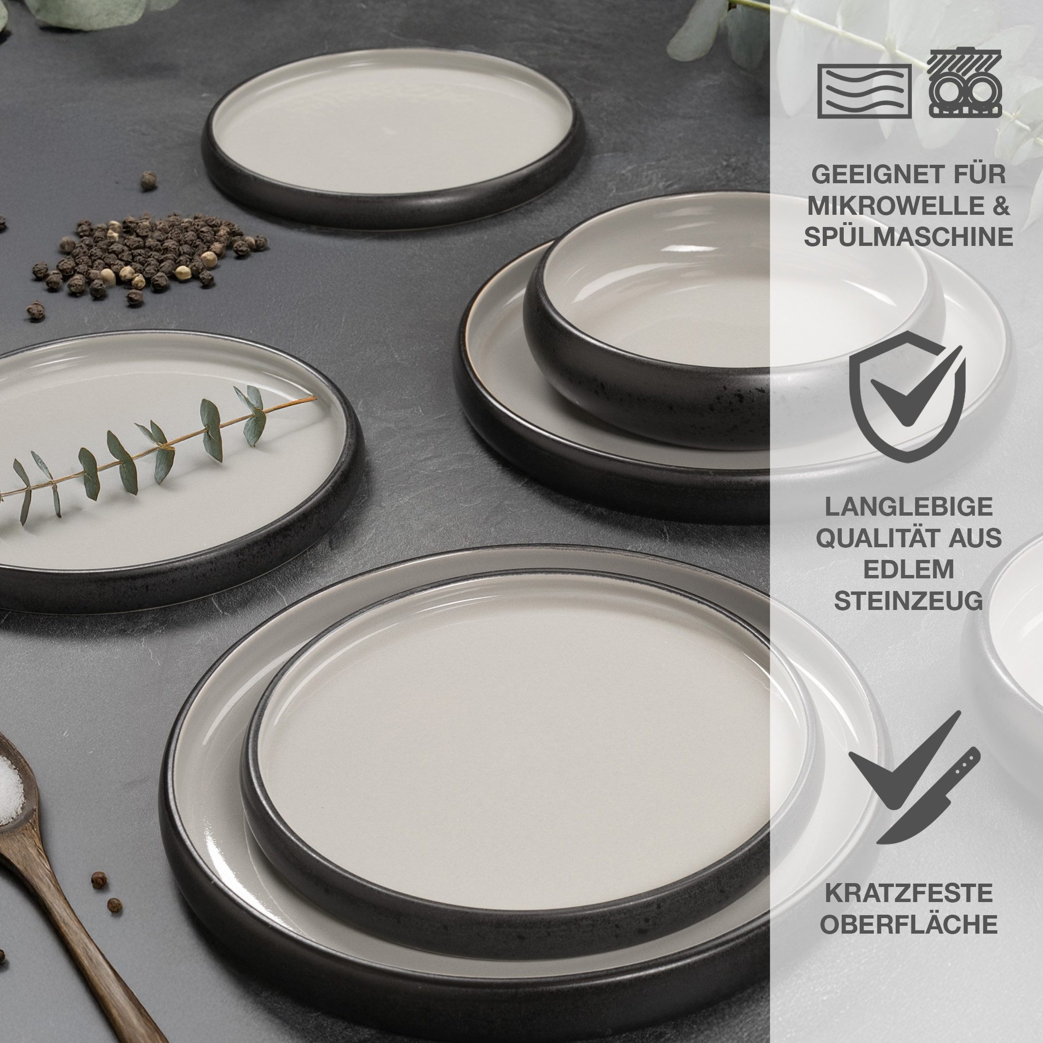 Moritz & Moritz Tafelservice SOLID UNI Geschirrset Grau mit Tassen (24-tlg), 6 Personen, Steinzeug, Kombigeschirr für 6 Personen