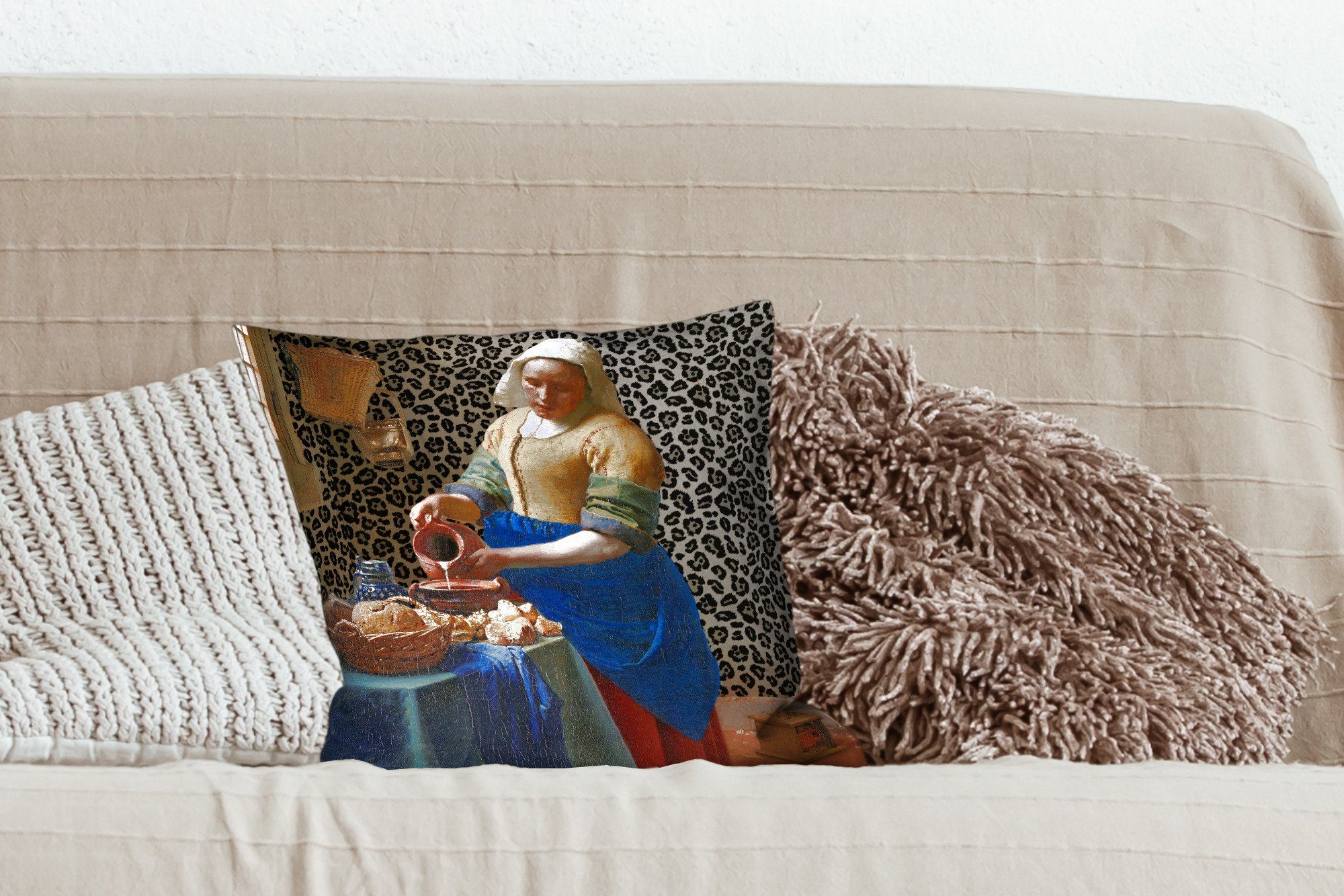 - Pantherdruck Schlafzimmer, Zierkissen - Kunst Milchmädchen Dekokissen mit Sofakissen - - Meister, für - Gemälde Deko, Wohzimmer, Vermeer MuchoWow Alte Füllung