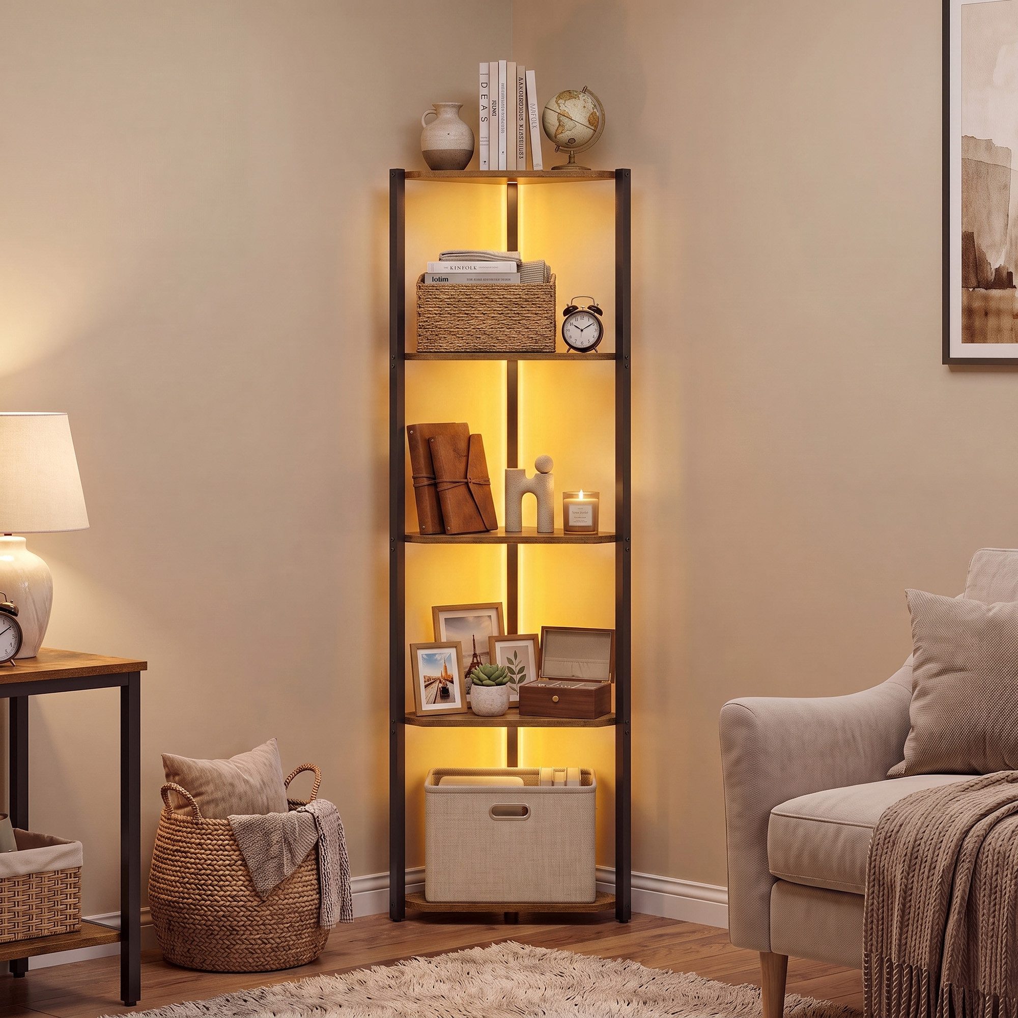 VASAGLE Eckregal 5/6 Ebenen, Bücherregal mit einstellbarer LED-Beleuchtung, Standregal, mit Fernbedienung, Höhe 146,6 / 182,1 cm