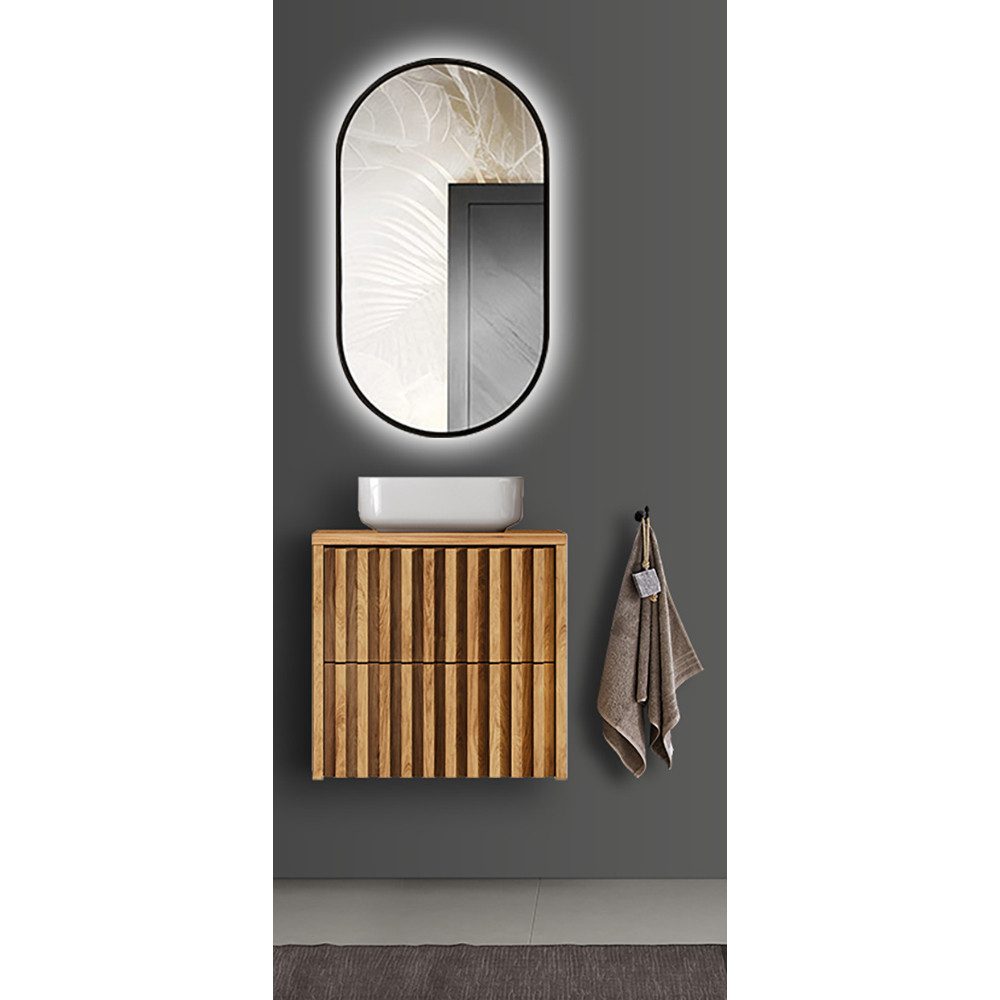 Lomadox Badmöbel-Set DESIO-107, (Spar-Set, 2-St., Waschtisch LED-Spiegel), in Eiche Nb. mit Lamellenfront, griffloses Design, Softclose