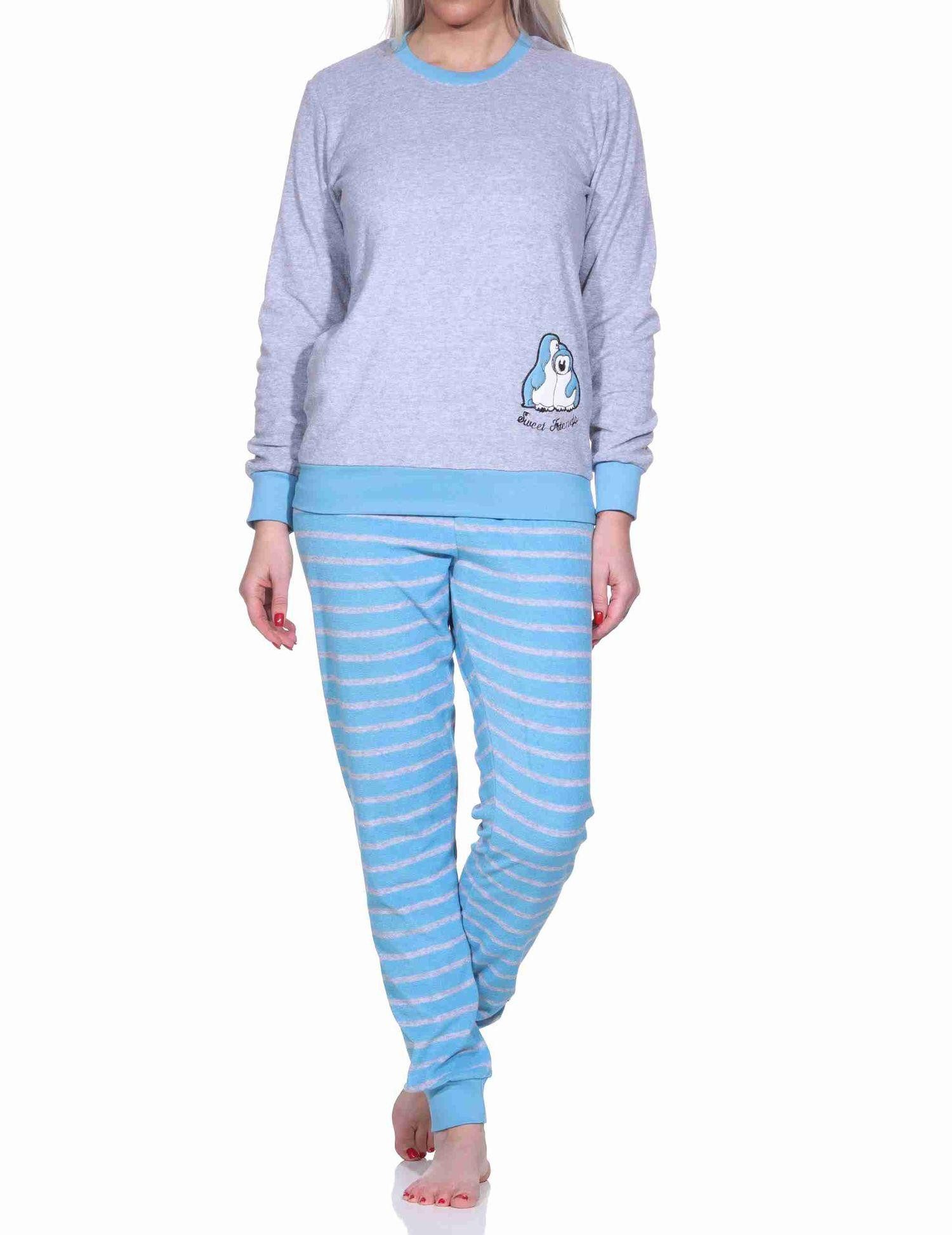 Normann Pyjama Damen Frottee Pyjama langarm mit Bündchen und Pinguin Stickerei