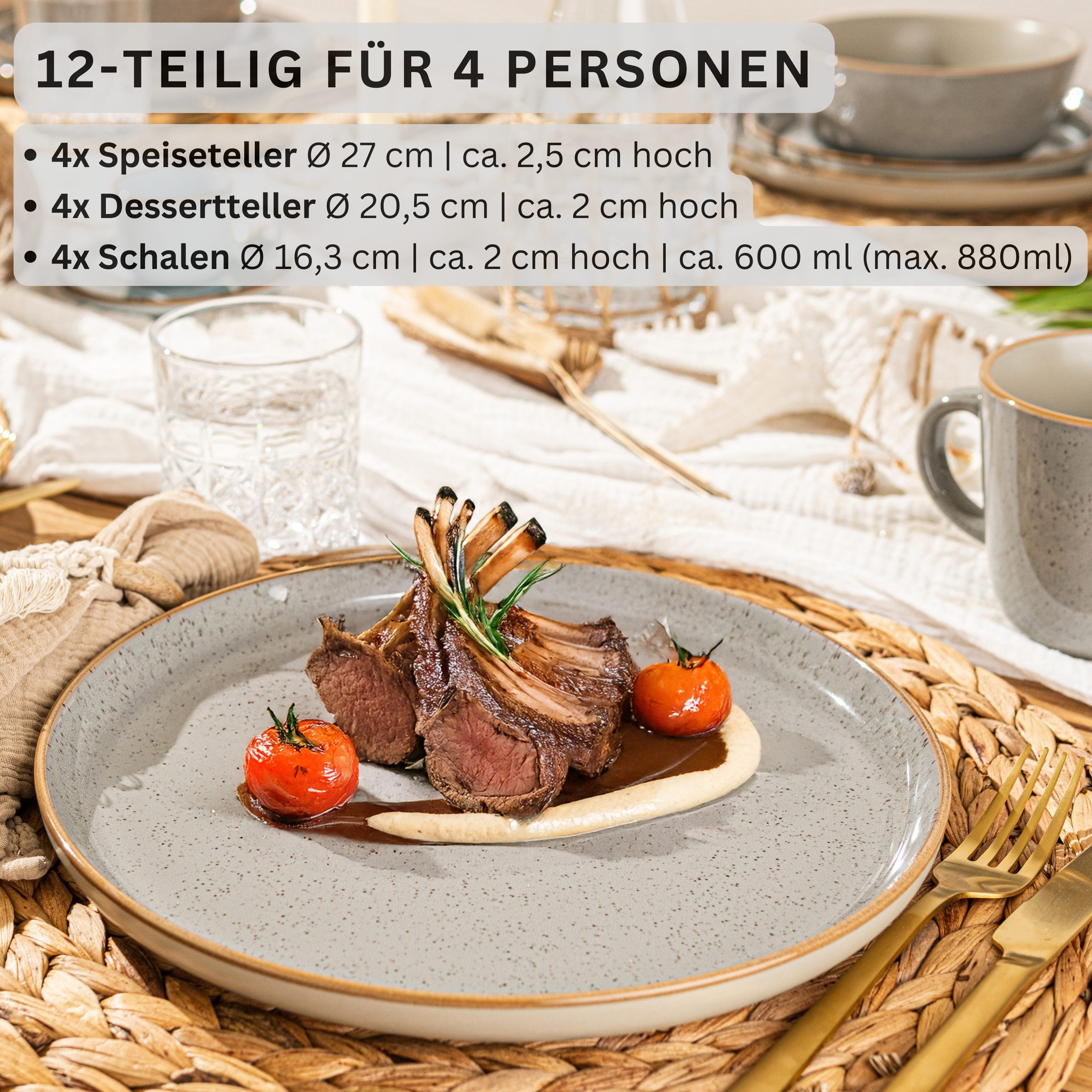 SÄNGER Tafelservice Rio Geschirrset (12-tlg), 4 Personen, Steingut, Handmade, Grau, Erweiterbar, VALUE COLLECTION