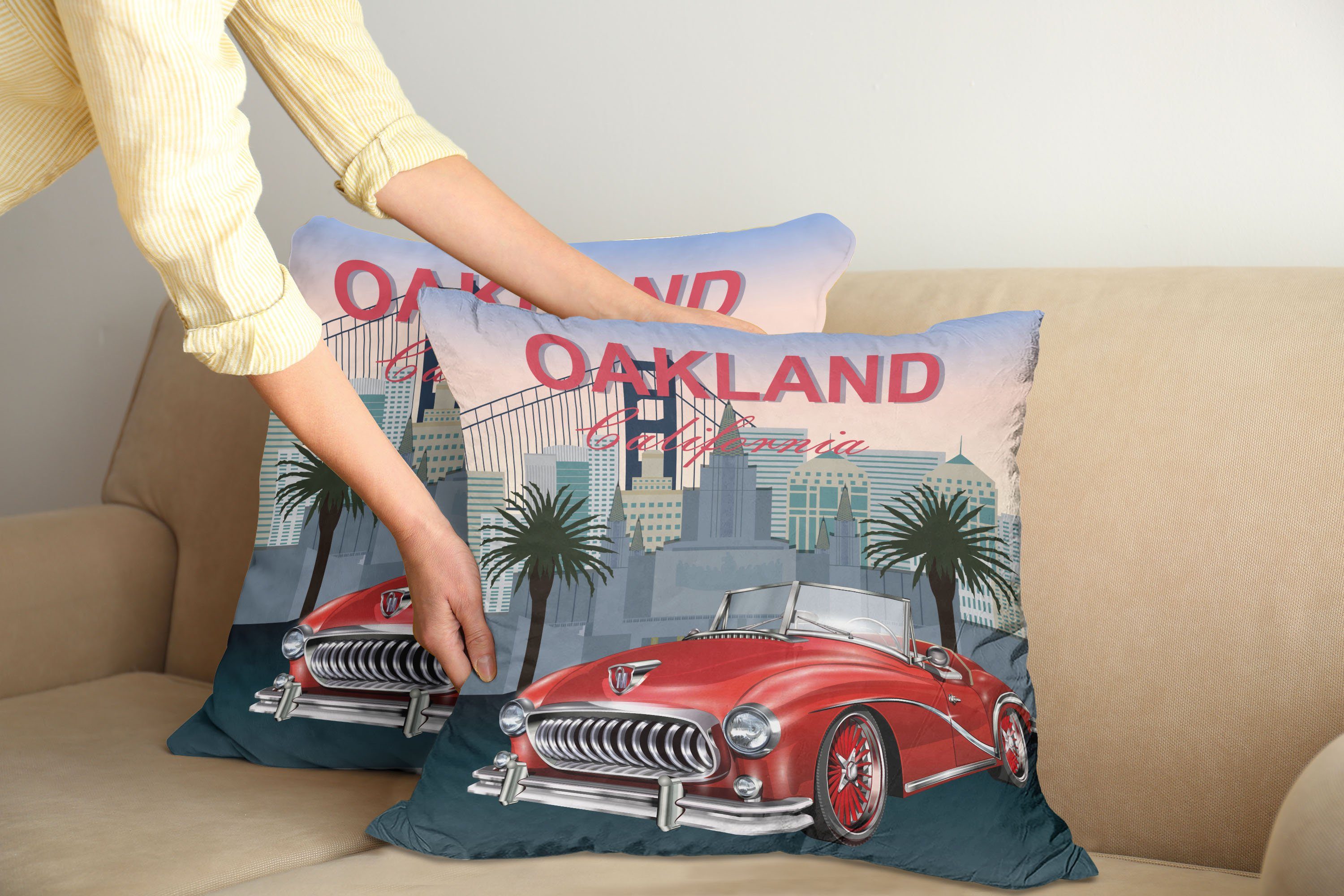 Doppelseitiger Stadt mit (2 Digitaldruck, Oakland einer Stück), Accent Kissenbezüge Auto Abakuhaus Rückseite auf Modern der