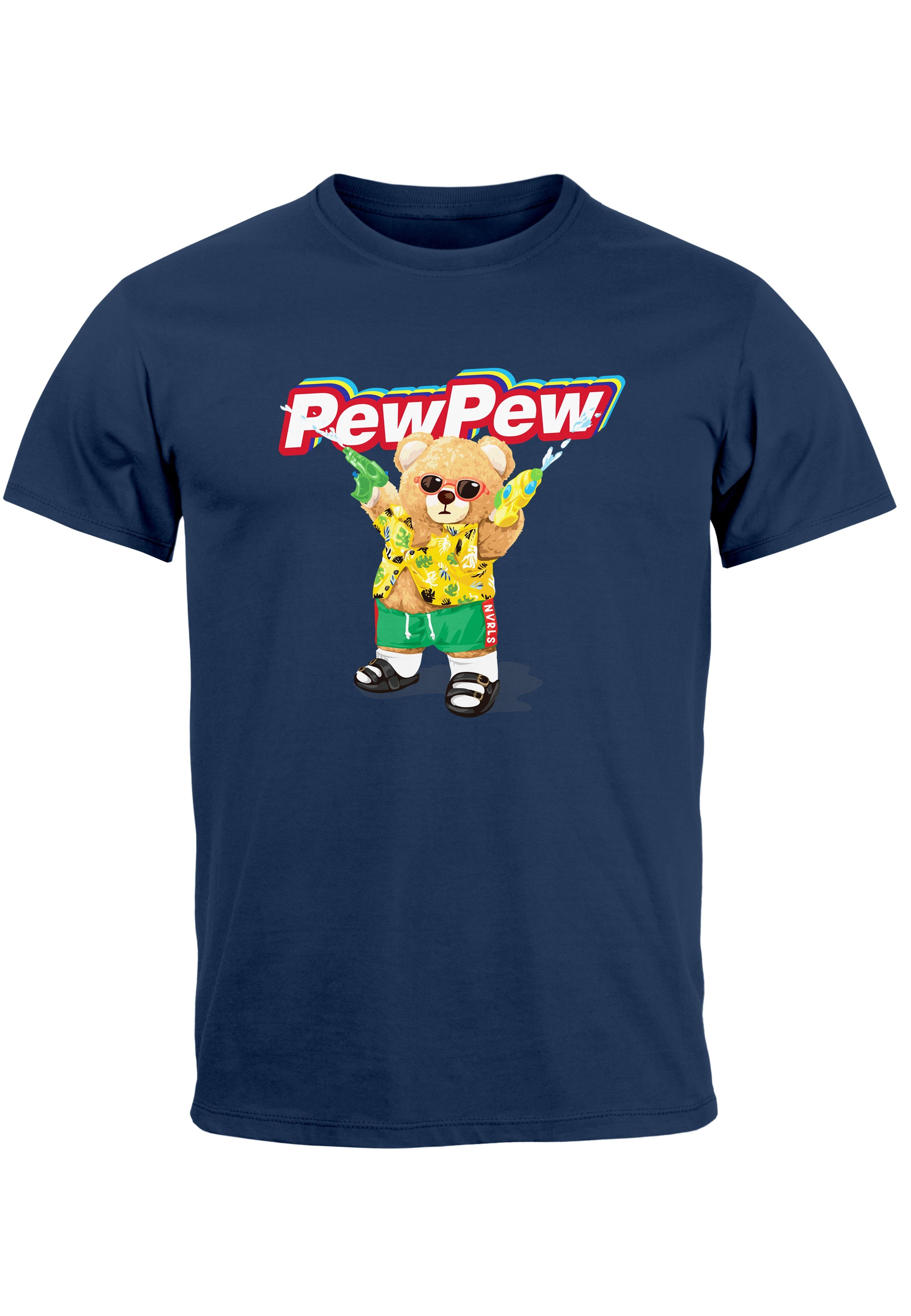Neverless Print-Shirt Herren T-Shirt Pew Pew Bär Sommer Printshirt Aufdruck Motiv lustig Fas mit Print navy