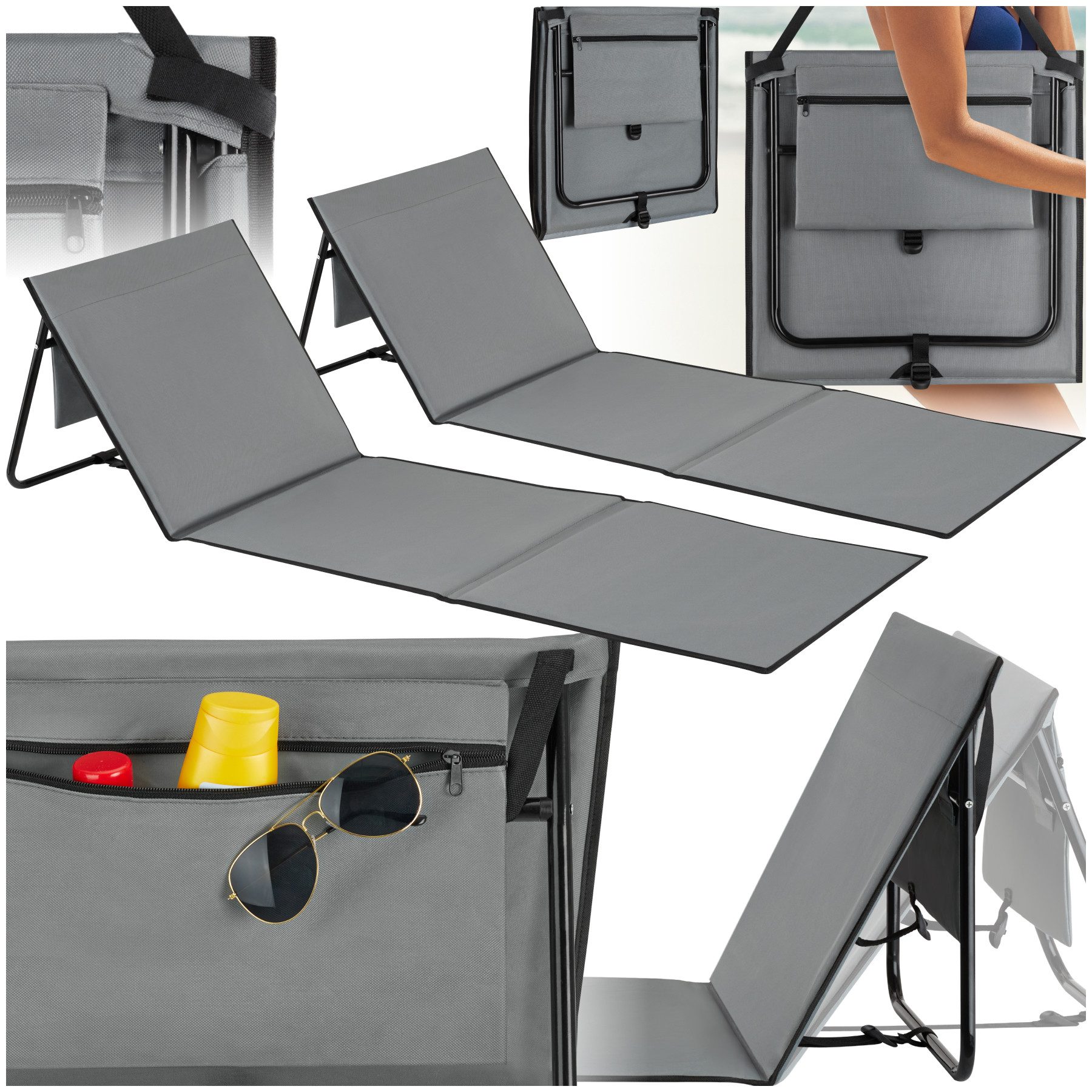tectake Gartenliege gepolsterte Strandmatte, mit Tragegurt, inkl. Aufbewahrungstasche, Balkonliege Mina, 2 St., für Außen in Grau/Blau, klappbar, pulverbeschichtetes Stahlgestell, ultraleicht, pflegeleicht