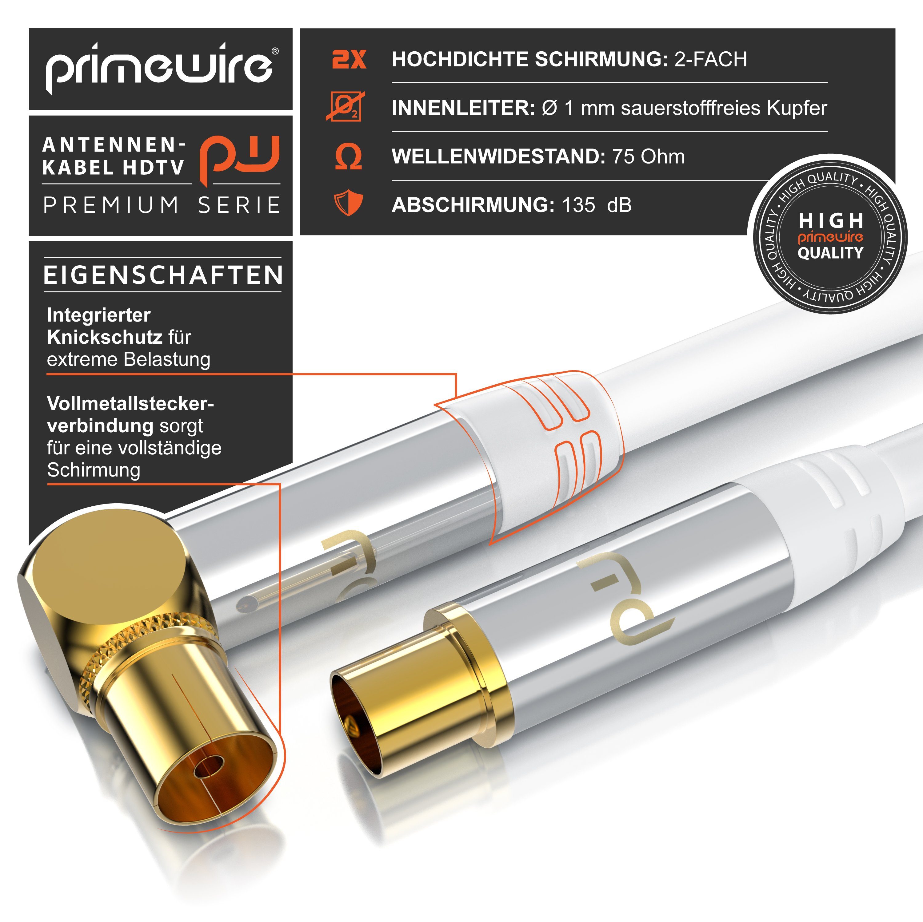 Primewire Antennenkabel gewinkelt, Koaxialkabel 75 Ohm TV HDTV DVB-T Radio -2m TV-Kabel, Koaxial, RF Buchse, IEC Stecker (200 cm), 135 dB, störungsfrei geschirm – Bild 4 von 5