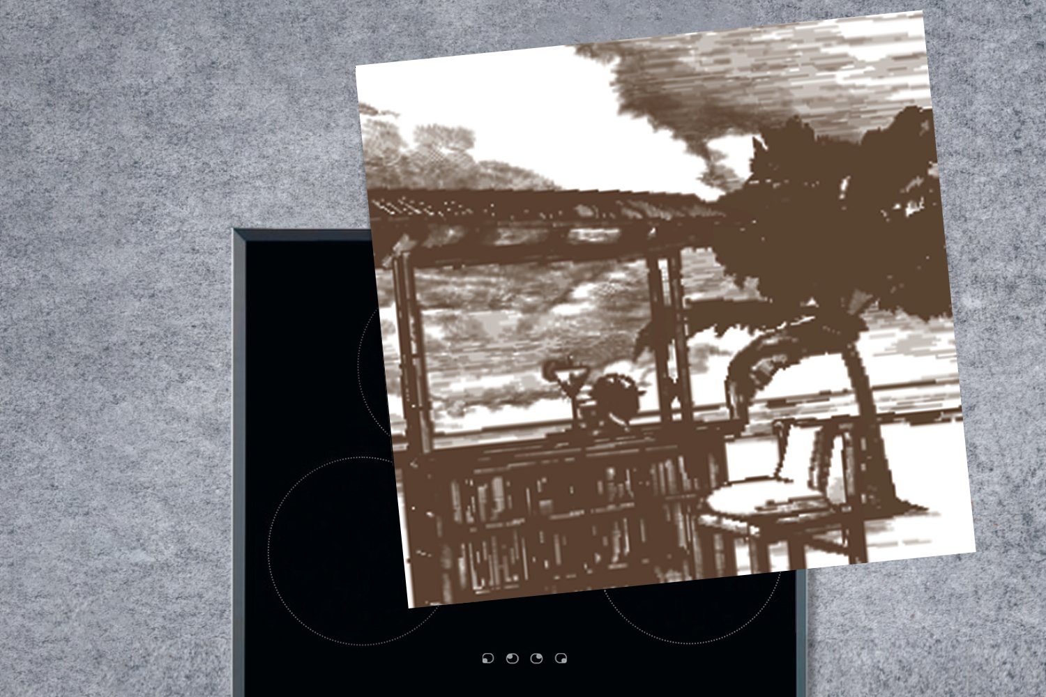 für MuchoWow - Palme (1 78x78 - cm, Herdblende-/Abdeckplatte Hütte, Arbeitsplatte tlg), Ceranfeldabdeckung, küche Strand Vinyl,