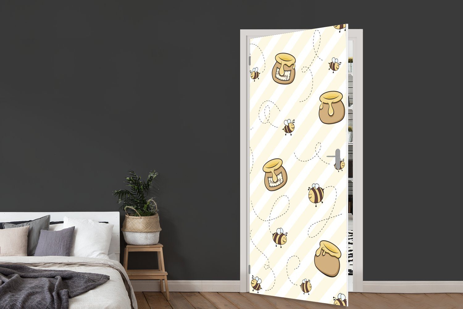 MuchoWow Türtapete und Tür, Illustration cm Fototapete Eine 75x205 (1 von Matt, bedruckt, Honigtöpfen, Türaufkleber, für St), Bienen