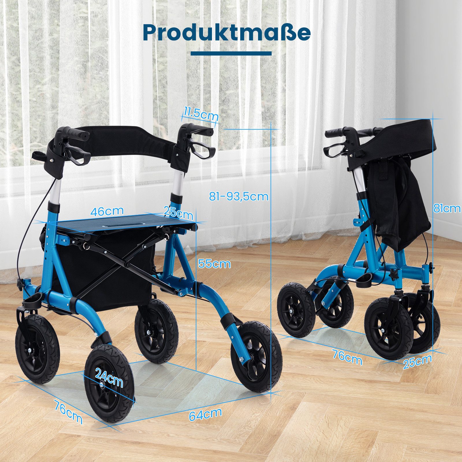 COSTWAY Rollator, 6-fach verstellbar Griff mit Handbremse bis 136kg faltbar