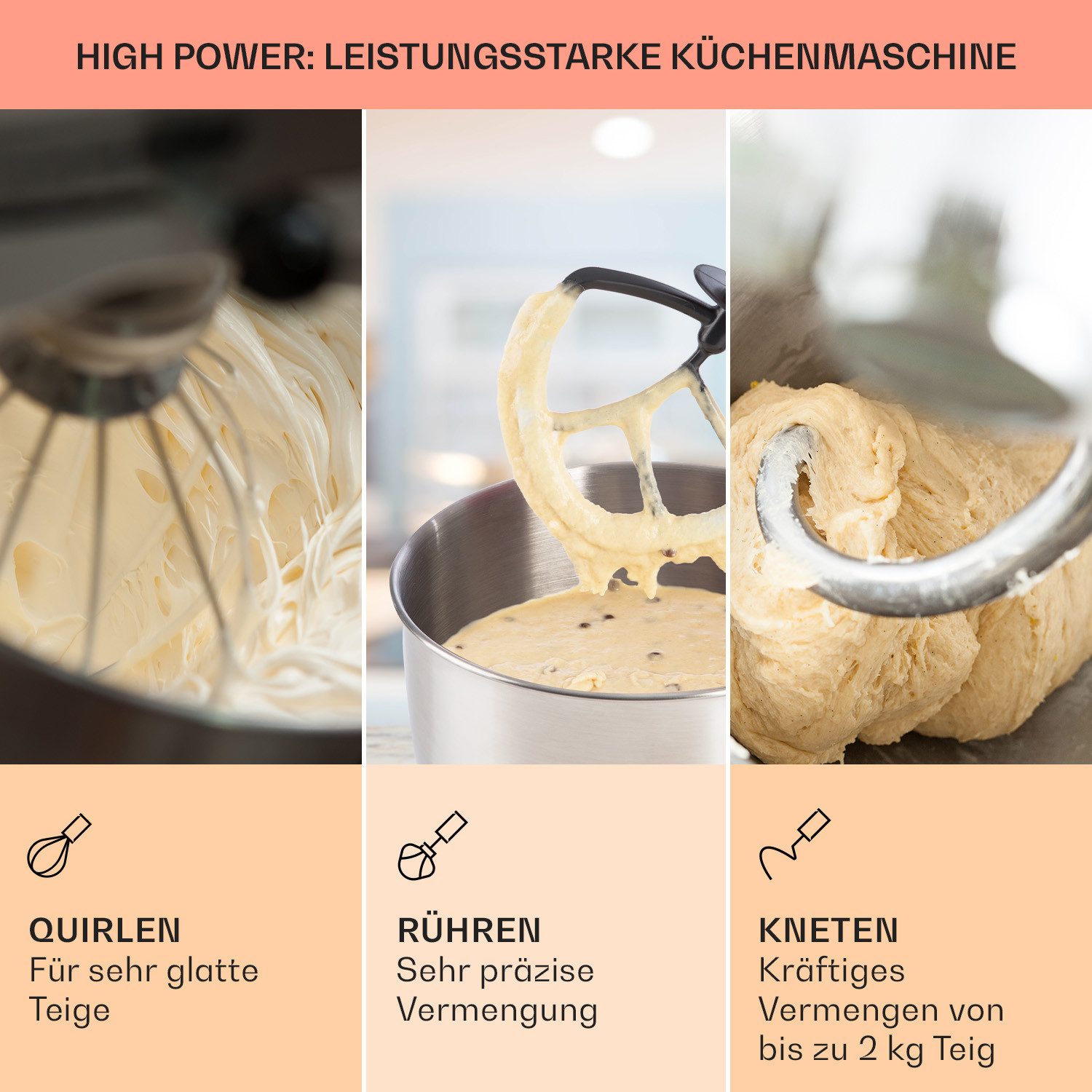 Klarstein Küchenmaschine mit Kochfunktion, 1800 W, 5.2 l Schüssel, Knetmaschine Teigmaschine Teigknetmaschine Rührmaschine Standmixer