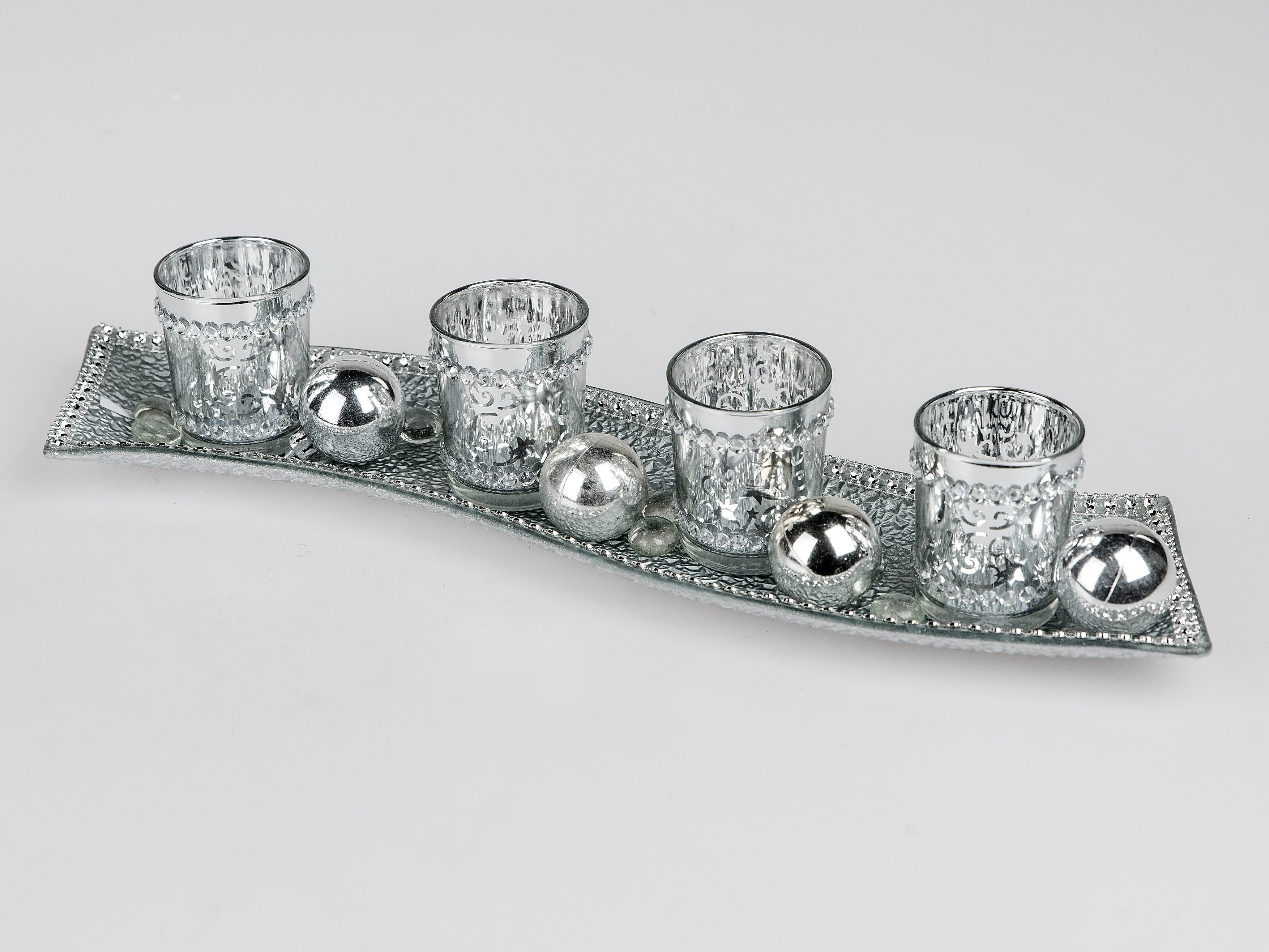 formano Teelichthalter mit Tablett Set mit 4 Teelichtgläsern und Dekosteinen- und Kugeln ca. 44x12x8 cm