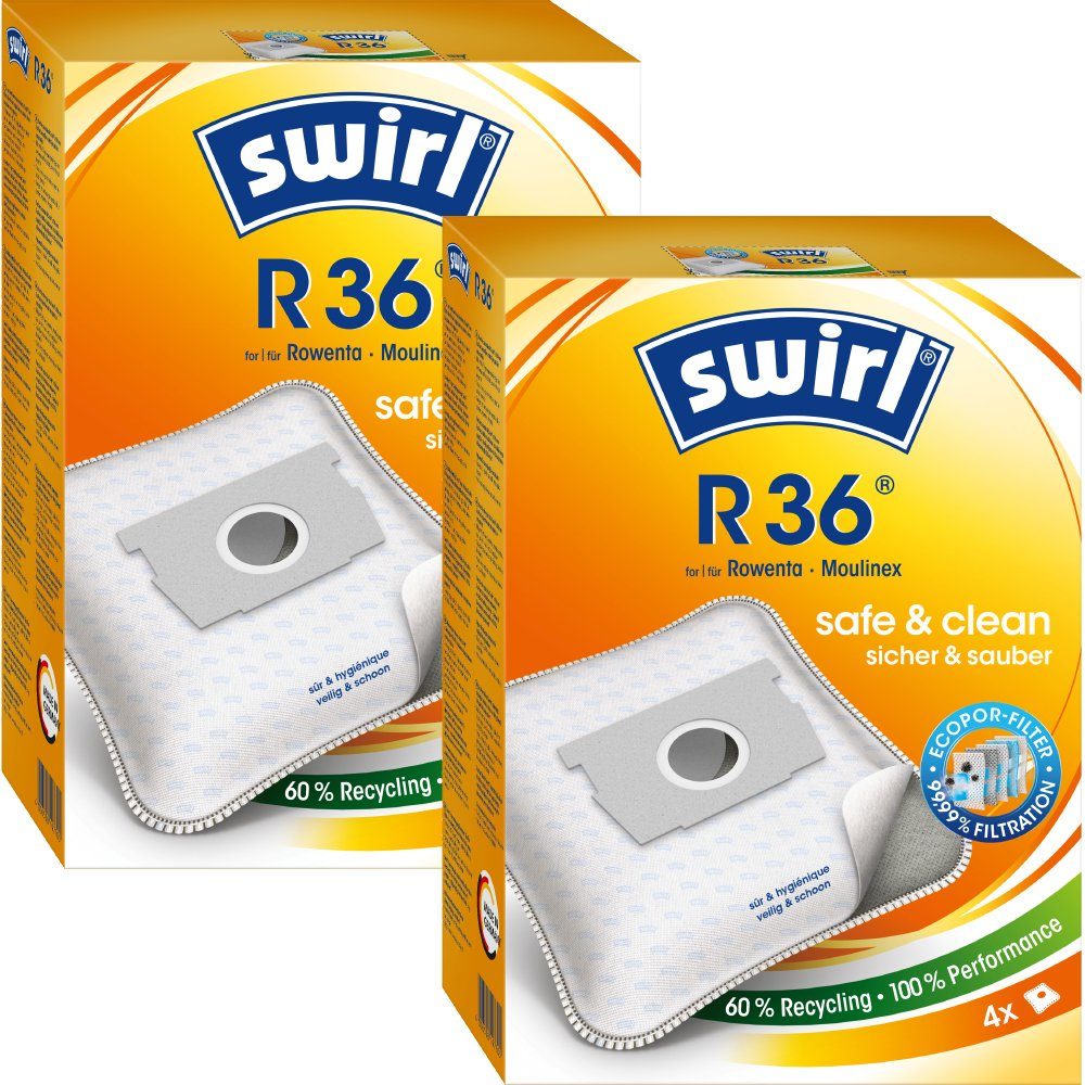 Swirl Staubsaugerbeutel Swirl R36 R 36, passend für Rowenta Moulinex Staubsauger, 8 St., Optimale Passform, EcoPor Qualität für lange Nutzungsdauer