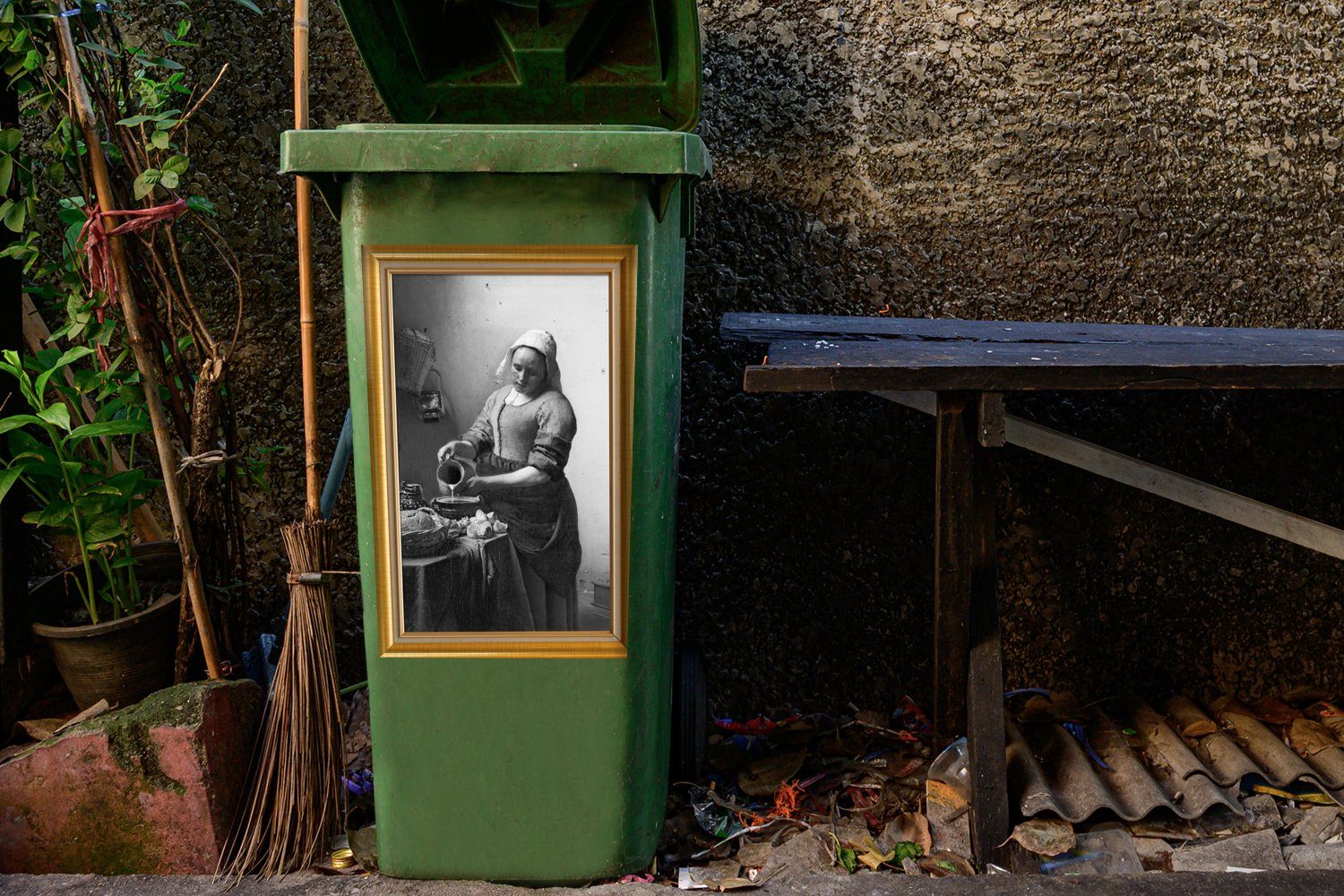 MuchoWow Wandsticker (1 - - Sticker, Milchmädchen Gold St), Rahmen Mülleimer-aufkleber, Vermeer Container, Abfalbehälter - Mülltonne