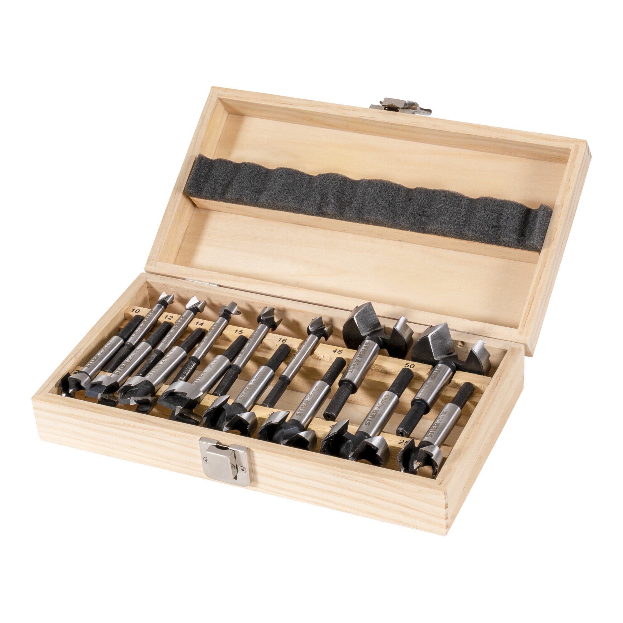 Stier Holzbohrer STIER Forstnerbohrer-Set in Holz-Kasette 15-teilig (Durchmesser 10 - 5