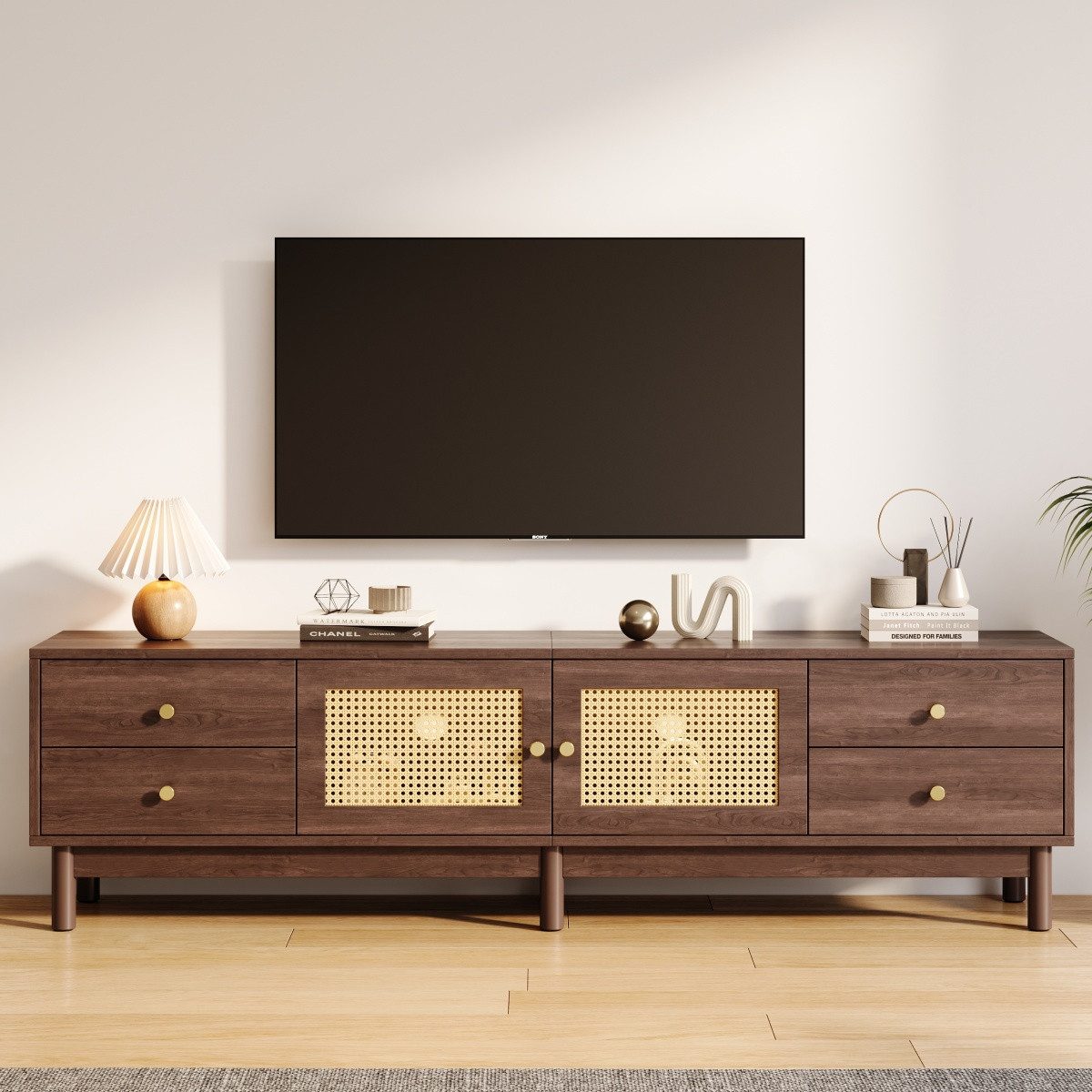IDEASY TV-Schrank Holzfarbe TV- Schrank, Lowboard mit Rattan- Tür Design, 180×35×44 cm 2 Türen, 4 Schubladen, geeignet für TV-Geräte bis zu 80 Zoll