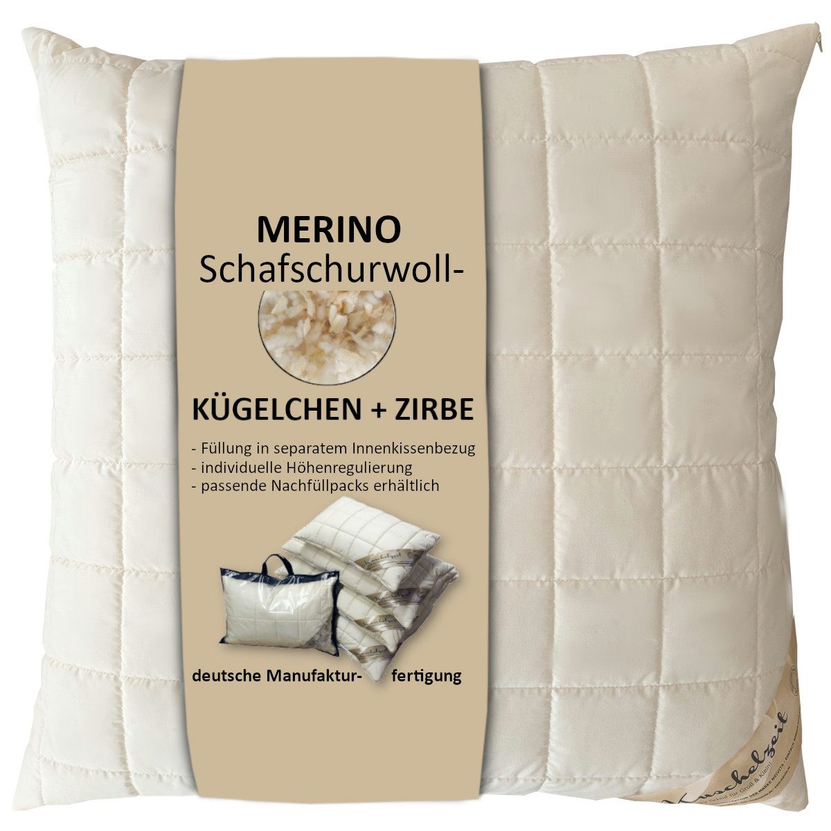 Meivita Naturfaserkopfkissen Merino Schafschurwolle Подушки, Füllung: 80% Wolle (Schurwollkügelchen) und 20% Zirbenholzspäne, Bezug: 100% Baumwolle untersteppt mit 100% Wolle (Merino Schafschurwollvlies), Seitenschläfer, Rückenschläfer, Bauchschläfer, Подушки Hergestellt in Deutschland