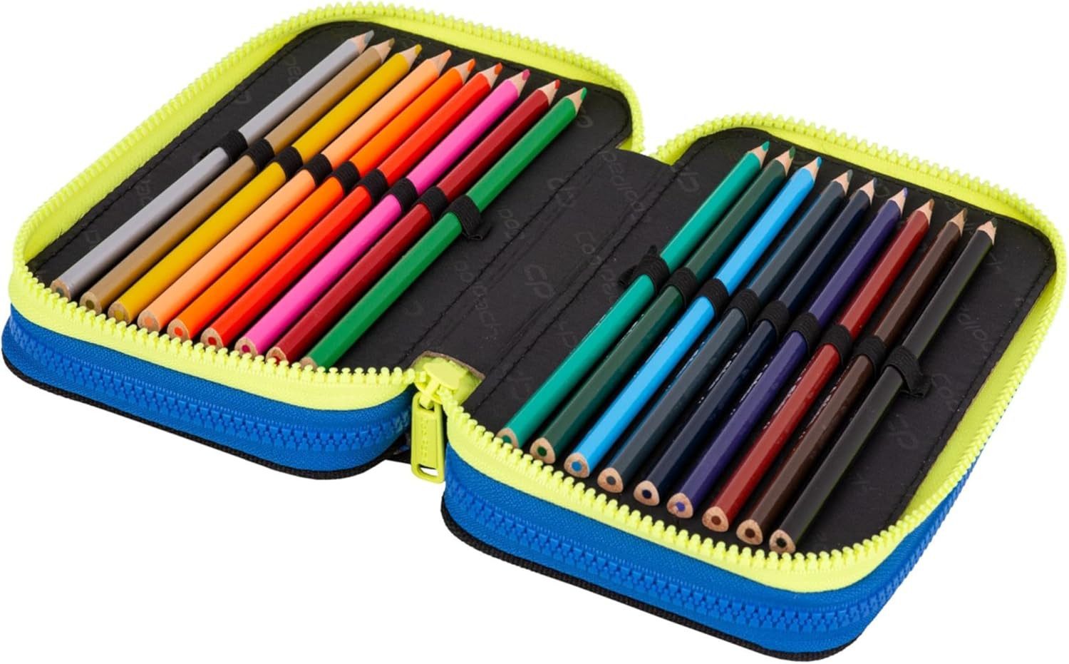 GOLDKIDS Federmäppchen 3 Fächer - Mäppchen für Mädchen und Jungen -, (Federmappe 3-Fach Federtasche, 1-tlg., Gefüllte Schüleretui 46-teilig), Schulmäppchen und Hausaufgabenheft - Raketen/Weltraum Motiv
