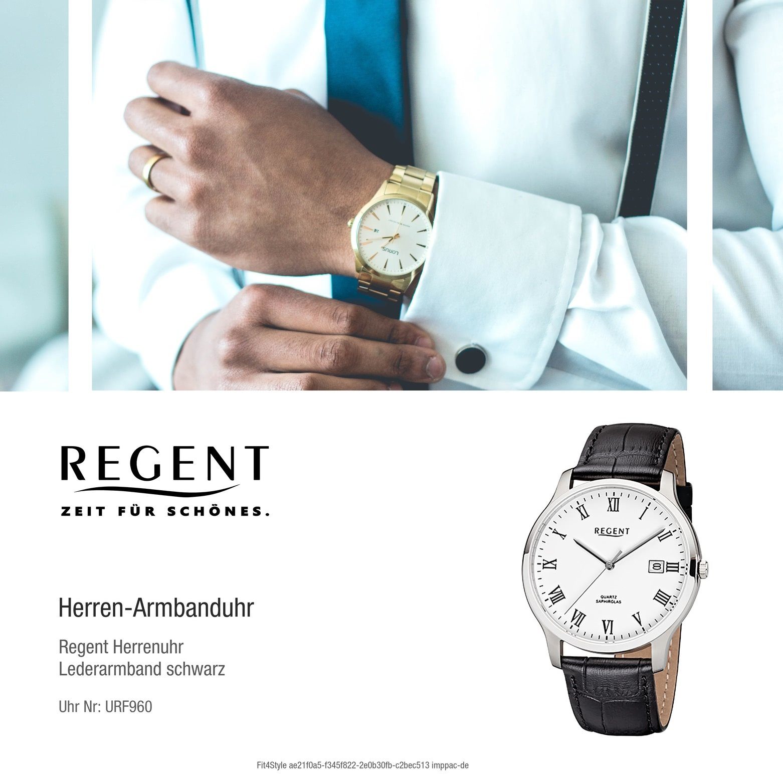 Regent Quarzuhr Armbanduhr schwarz Herren Analog, (ca. Lederarmband Regent rund, 39mm), Herren-Armbanduhr mittel