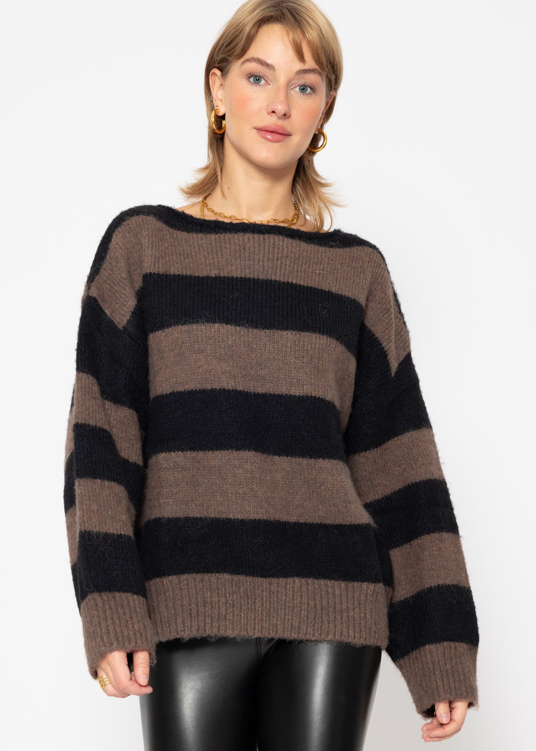 SASSYCLASSY Strickpullover Oversize Pullover Damen in Blockstreifen elegant Strickpullover gestreift mit U-Boot Ausschnitt Schwarz Beige Grau Blau