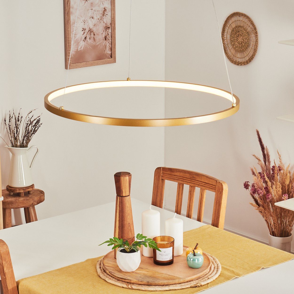 hofstein Pendelleuchte moderne Hängelampe aus Metall/Kunststoff in Messingfarben-matt/Weiß, LED fest integriert, mit rundem Schirm (60cm), Höhe max. 120cm, LED 29 Watt, 3800 Lumen