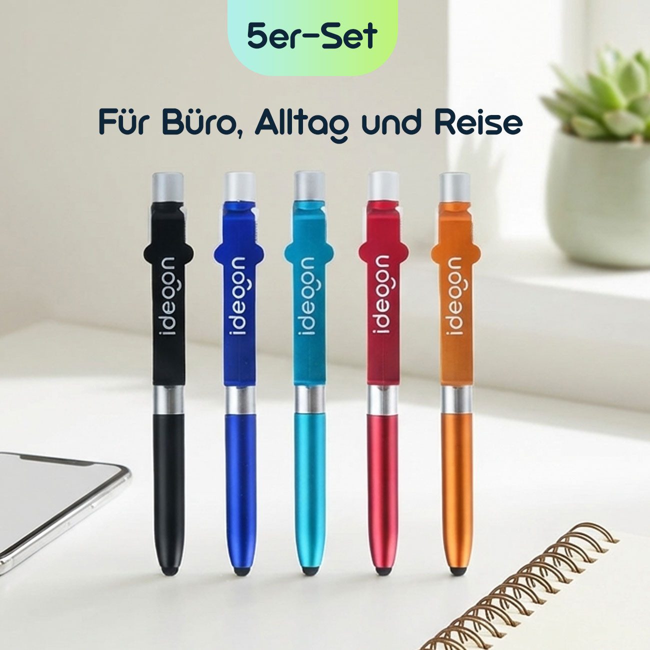 shop'n smile ideoon Kugelschreiber 4in1 Multifunktions-Kugelschreiber Set, LED-Lampe Touchpen & Ständer, (5-tlg., 5er-Set & 10er-Set), Handyhalter/Ø 1 x 13,9cm/Kipp-Gelenk/multifunktional