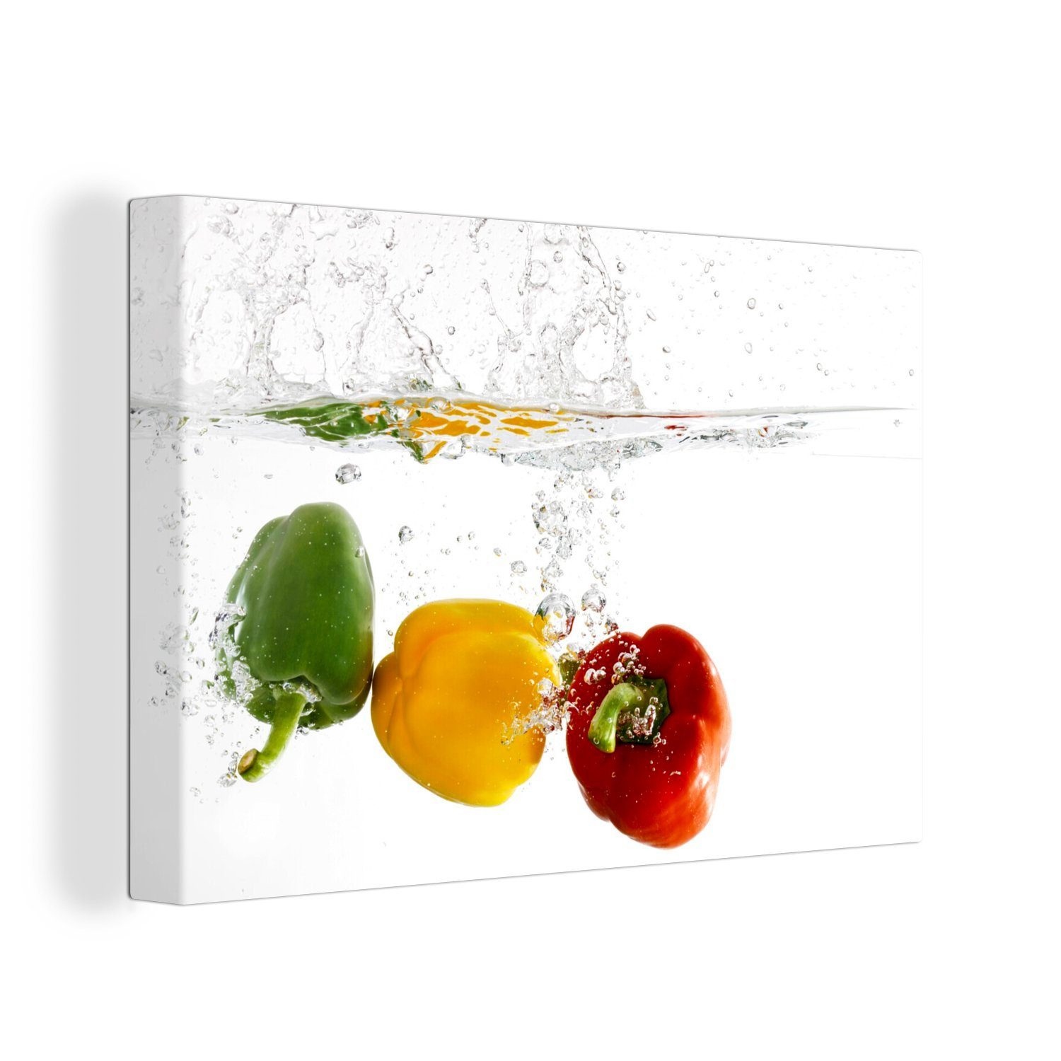 OneMillionCanvasses® Leinwandbild Paprika - Wasser - Gemüse, (1 St), Wandbild Leinwandbilder, Aufhängefertig, Wanddeko, 30x20 cm