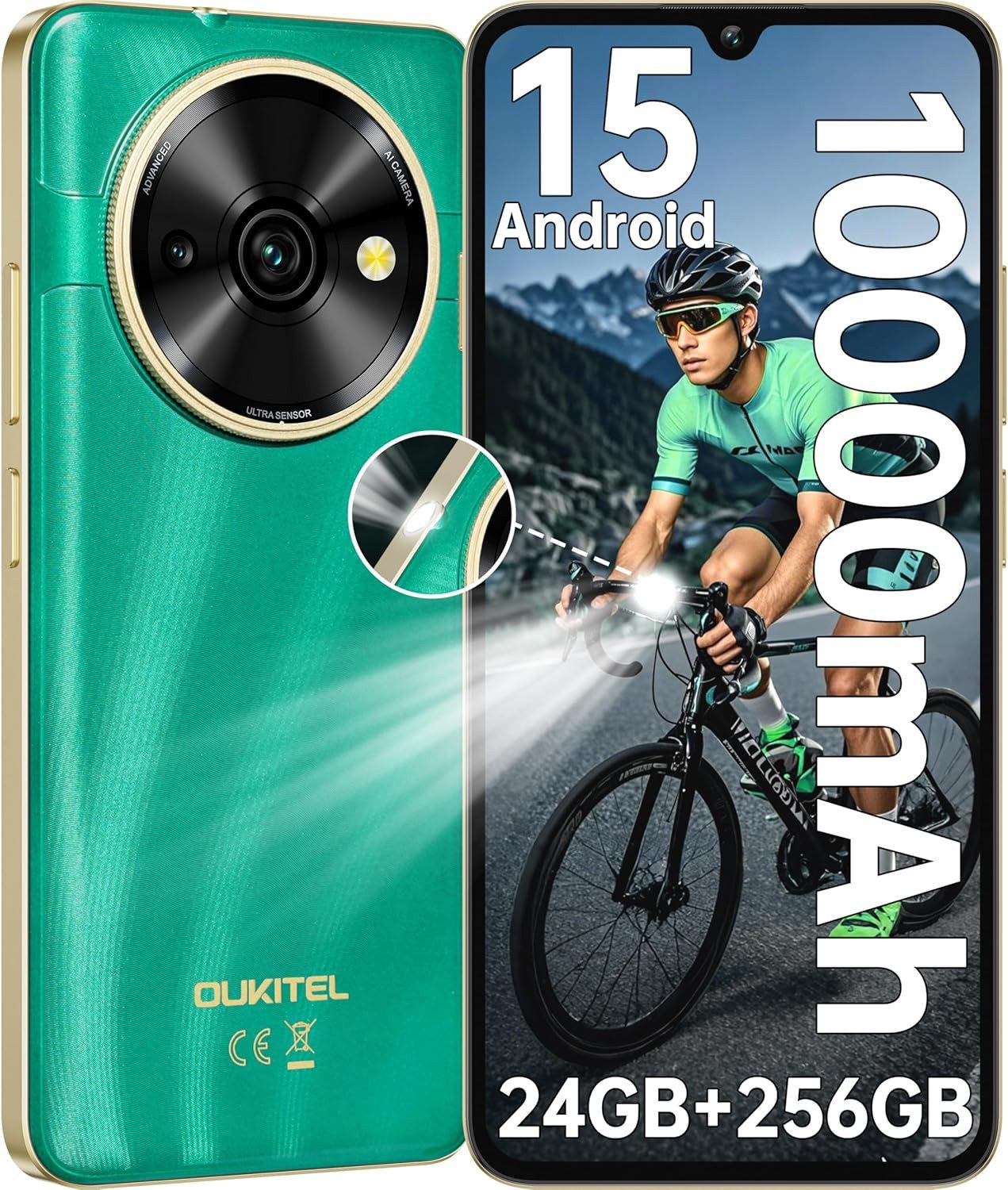 OUKITEL C59 Pro 24+256GB Androide 15 Smartphone (17,48 cm/6.88 Zoll, 256 GB Speicherplatz, 13 MP Kamera, 6,88 Zoll HD+ Display, 10000mAh, Octa-Core, Dual SIM 4G, GPS)