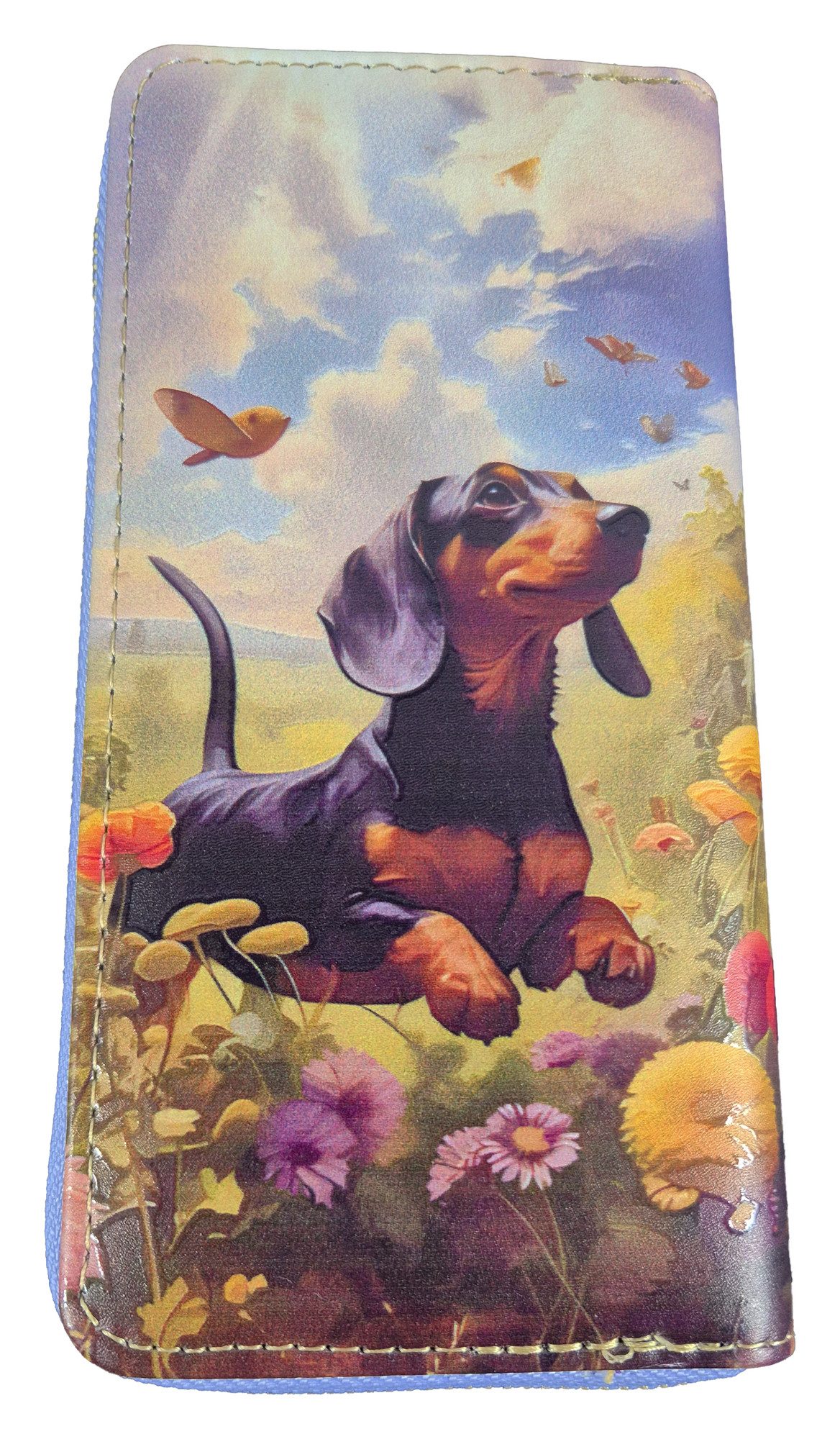 Einkaufszauber Geldbörse Damen Geldbeutel Dackel - Hund - Geldbörse Portemonnaie, Der Dackel tobt über die Blumenwiese und fängt Schmetterlinge