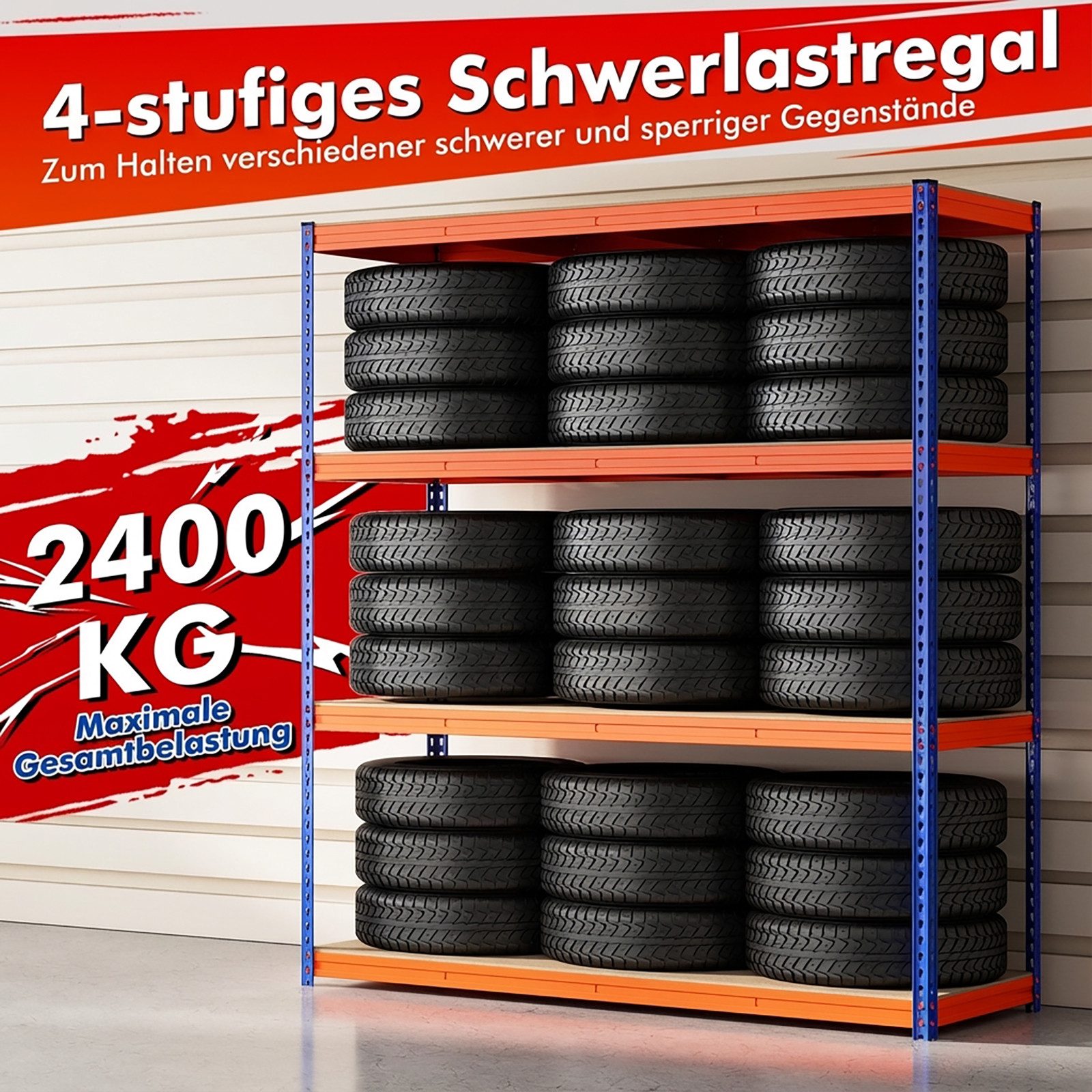 KOMFOTTEU Schwerlastregal, Küchenregal mit 4 Ebenen, bis zu 2400kg belastbar