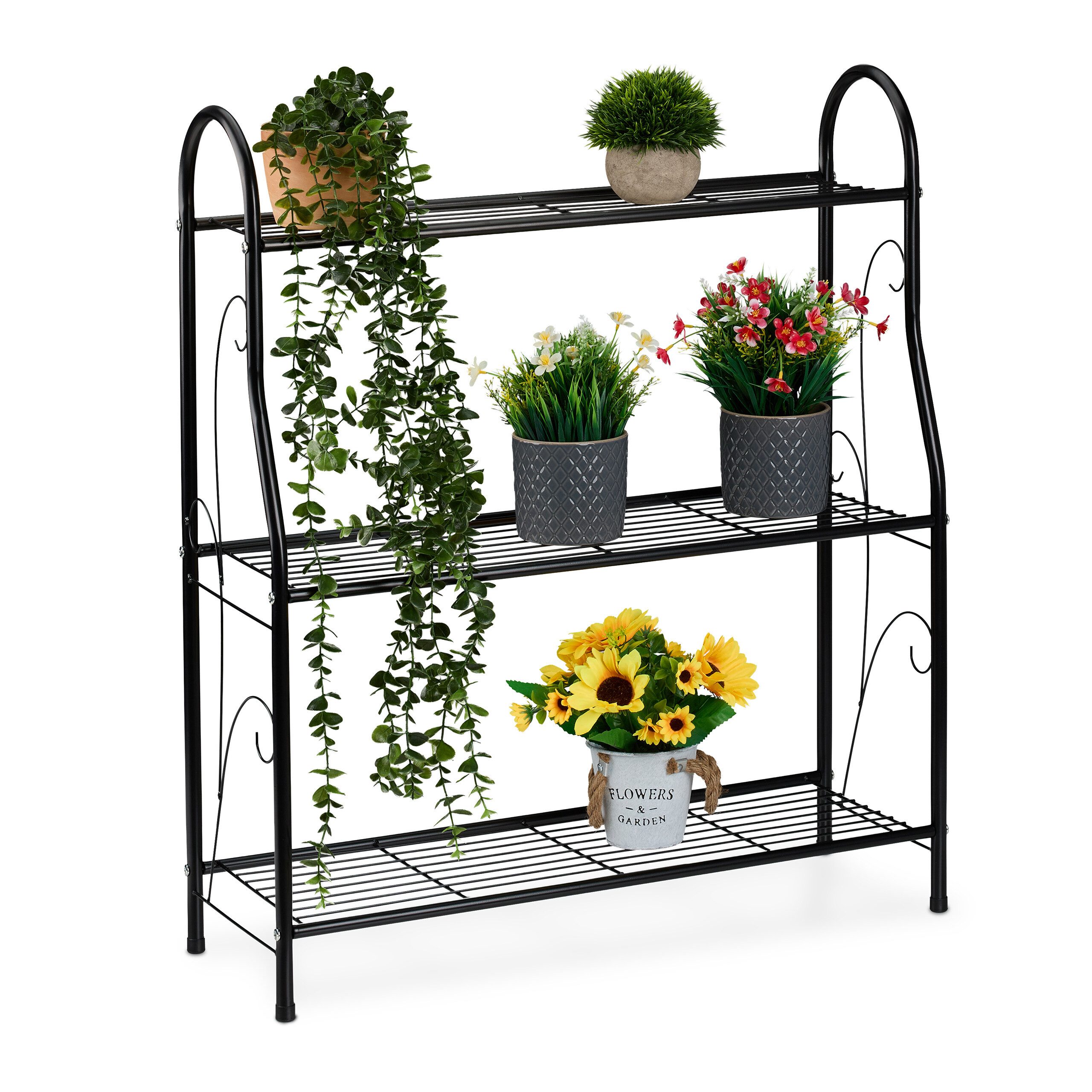 relaxdays Blumenständer Blumenregal Metall mit 3 Ablagen, schwarz