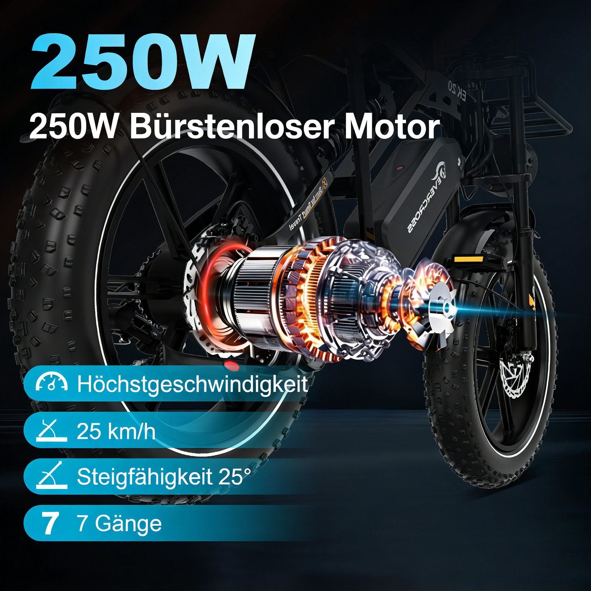 EVERCROSS TECH E-Bike 20” x 4,0 fette Reifen MTB, 48V 15,6AH Removable Battery, NFC, Heckmotor, 748,8 Wh, bis 55-100km, 7 Gang Shimano, Kettenschaltung, Heckmotor