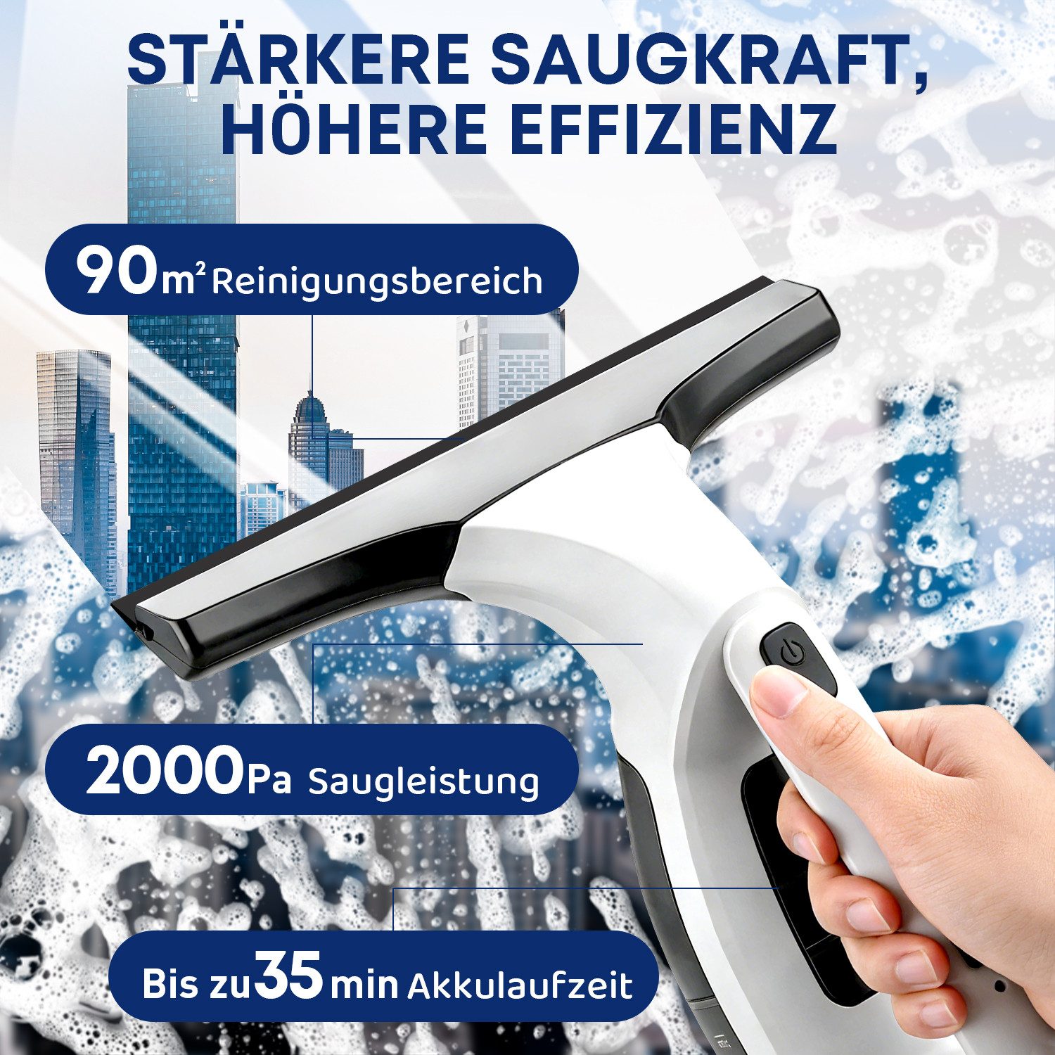 CkeyiN Akku-Fenstersauger Akku-Fensterreiniger mit 1 m verstellbarer Teleskopstange 2200mAh-Akku, Laufzeit 35 minuten 90 m² pro Ladung mit Gießkanne 1 Mikrofasertuch