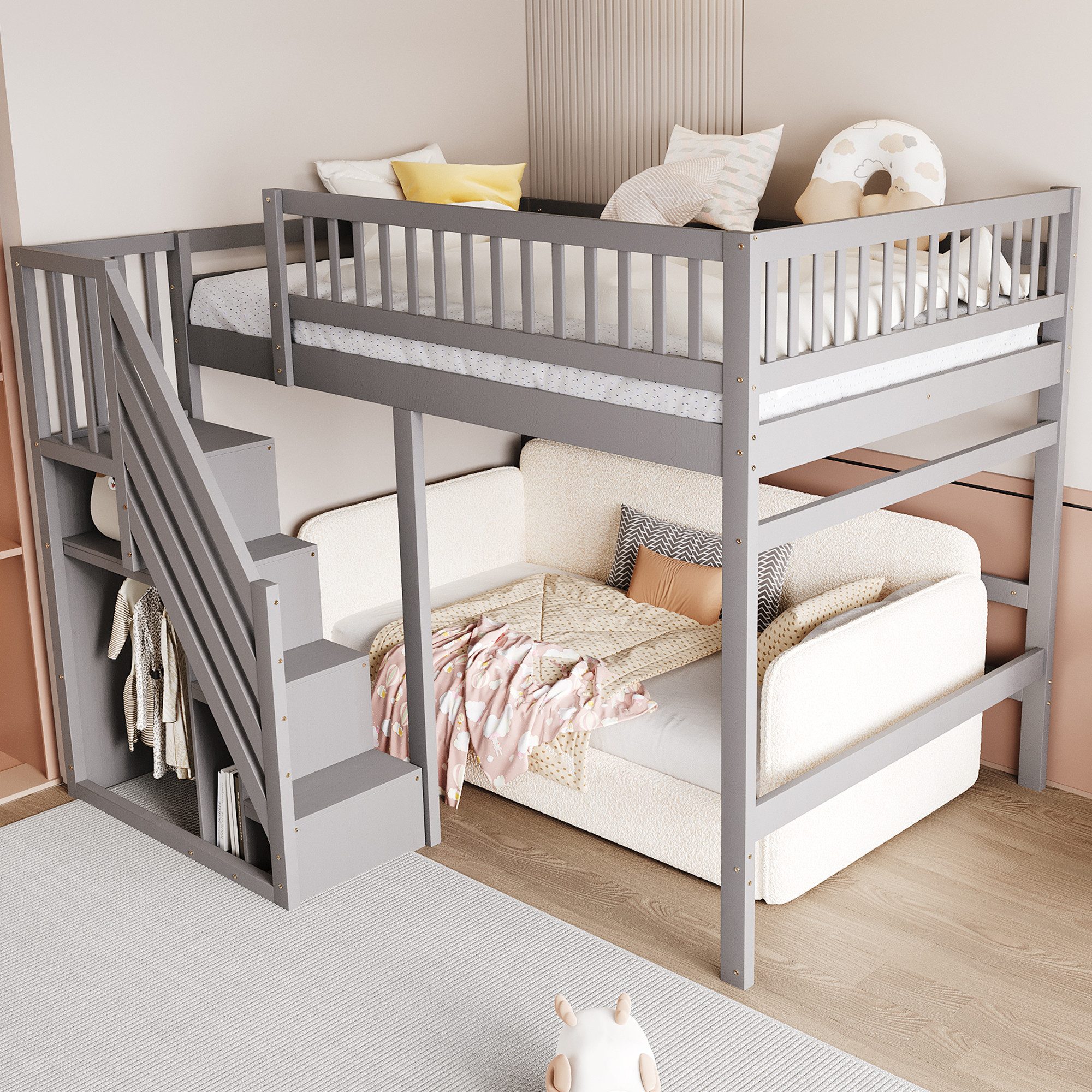Flieks Hochbett Massivholz Doppelbett Kinderbett 140x200cm mit Stauraumtreppe