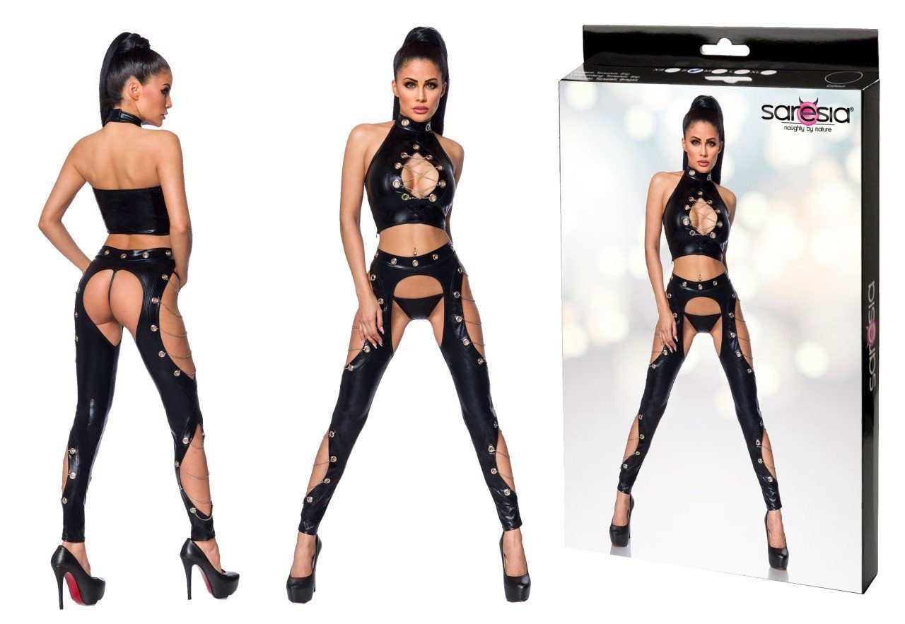 Saresia Set: Tanktop SARESIA Wetlook-Set (3pc) XS - XL (3-tlg., Top, Chaps, String) für Fetisch-Freunde