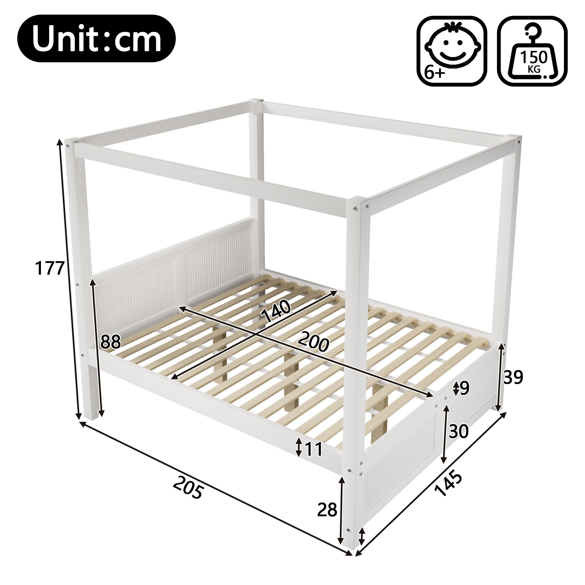 Odikalo Jugendbett Einzelbett Bettgestell Gästebett mit Himmelbett-Design (90/140x200 cm Himmelbett aus Holz mit dekorativem Dachrahmen und vertikalen Lamellen  – Bild 3 von 5
