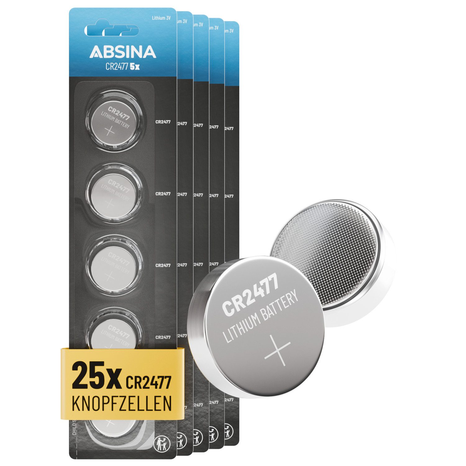 ABSINA 25x CR2477 3V Lithium Knopfzelle - CR 2477 Lithium Knopfzelle 3V Knopfzelle, (25 St)
