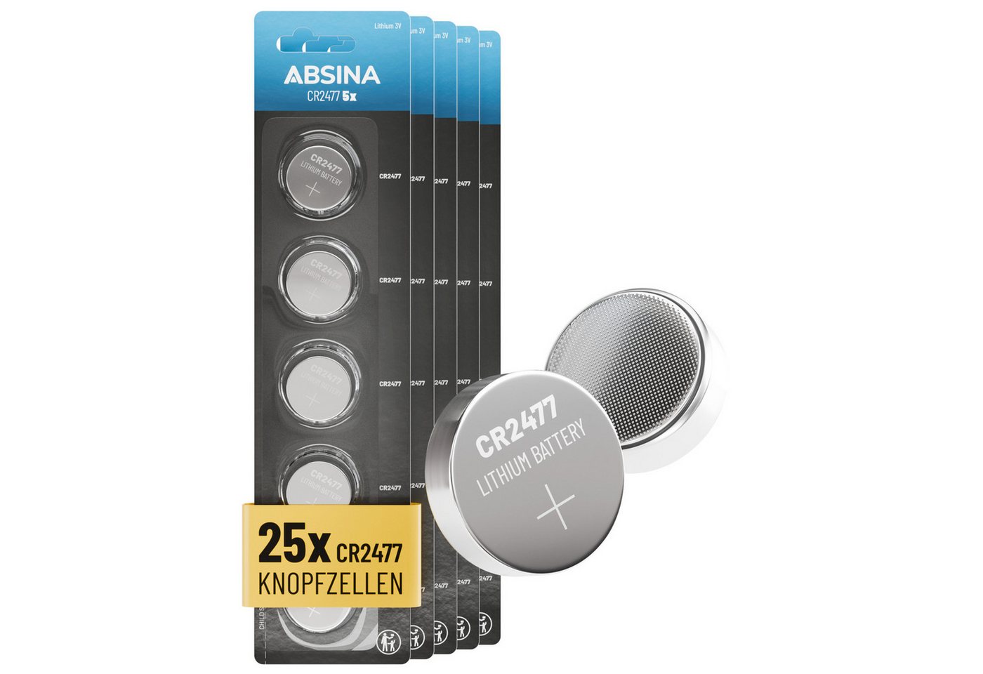 ABSINA 25x CR2477 3V Lithium Knopfzelle - CR 2477 Lithium Knopfzelle 3V Knopfzelle, (25 St)