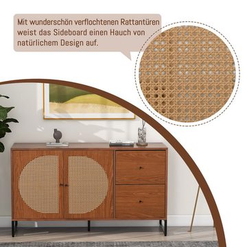 Sweiko Sideboard, Anrichte mit Rattantüren und 2 Schubladen, Schrank mit Metallgriffen und Metallsockel, 130*40*75 cm
