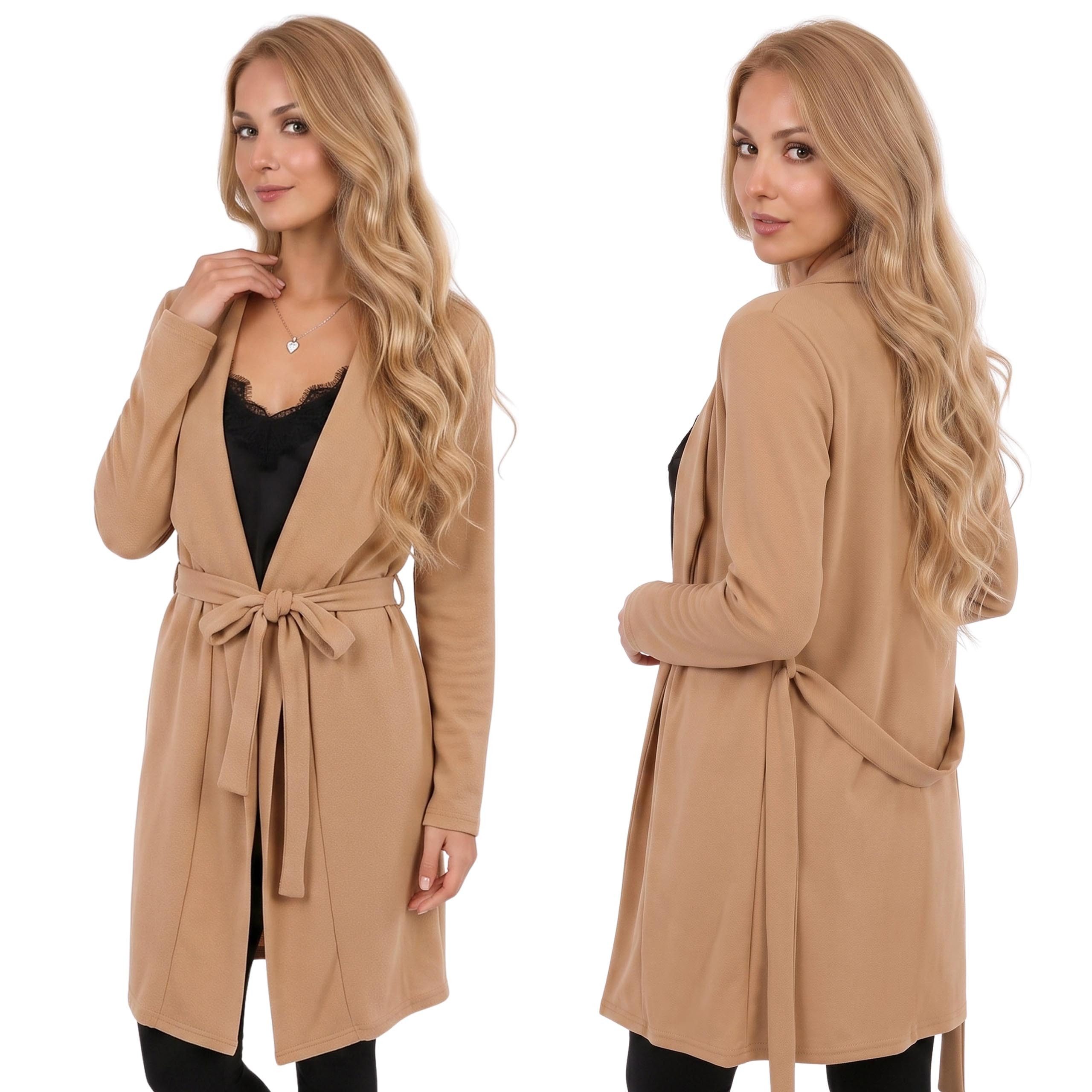 Sarcia.eu Cardigan Beiger GEBUNDENER Überwurf, Damen-Cardigan MIT GÜRTEL IM MANTELSCHNITT