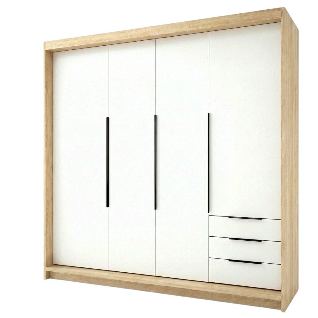 A&J MöbelLand GmbH Drehtürenschrank viertüriger Kleiderschrank mit Schubladen und Metallgriffen. (Geräumiger vier¬türiger Kleiderschrank mit Schubladen und Metallgriffen. Geräumiger Schrank mit einer Breite von 200 cm und Schubladen, ideal zur Aufbewahrung von Kleidung und Accessoires. Viel Stauraum. TOP PRODUKT! Wählen Sie das ideale Modell für Ihr Schlafzimmer!, TOP ANGEBOT) Breite: 200 cm, Höhe: 215 cm, Tiefe: 59,5 cm