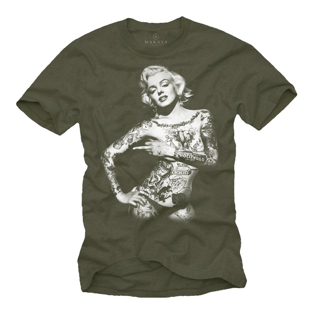 MAKAYA Print-Shirt Marilyn Vintage Aufdruck Druck, mit Baumwolle Männer Grün - T-Shirt aus Tattoo Motiv mit