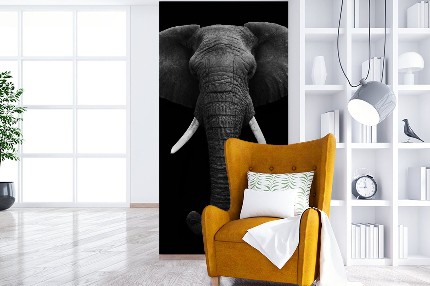 Wildtiere Schlafzimmer - Küche, Vliestapete Porträt, Weiß Fototapete Wohnzimmer MuchoWow - - für Fototapete Elefant Matt, bedruckt, - (2 Schwarz St),