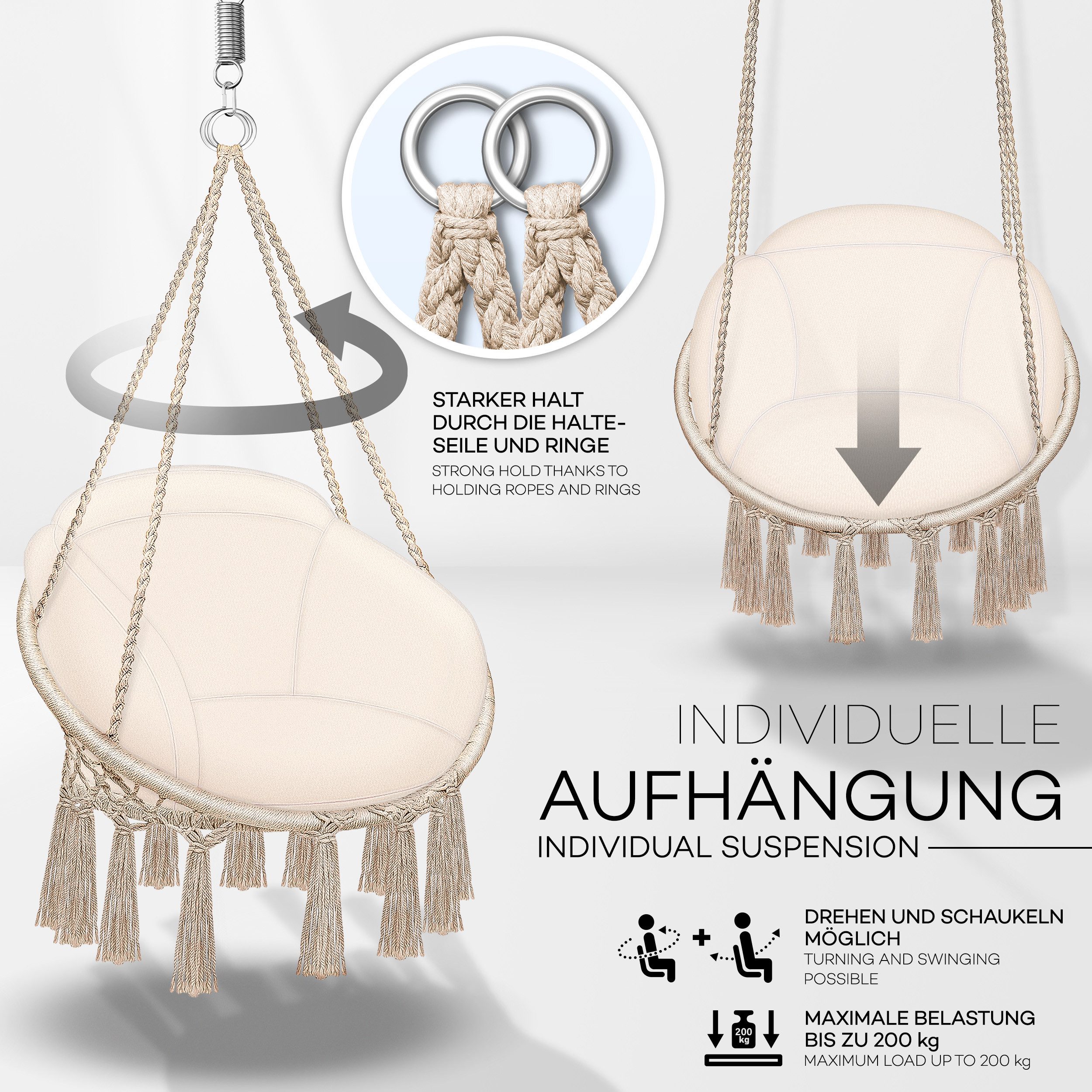 tillvex Hängesessel tillvex® Hängesessel Hängestuhl Hängeschaukel Hängekorb Hängesitz (Set, Hängesessel, Kissen, 4 Seile mit 2 Stahlringen), Kissen – Bild 3 von 5