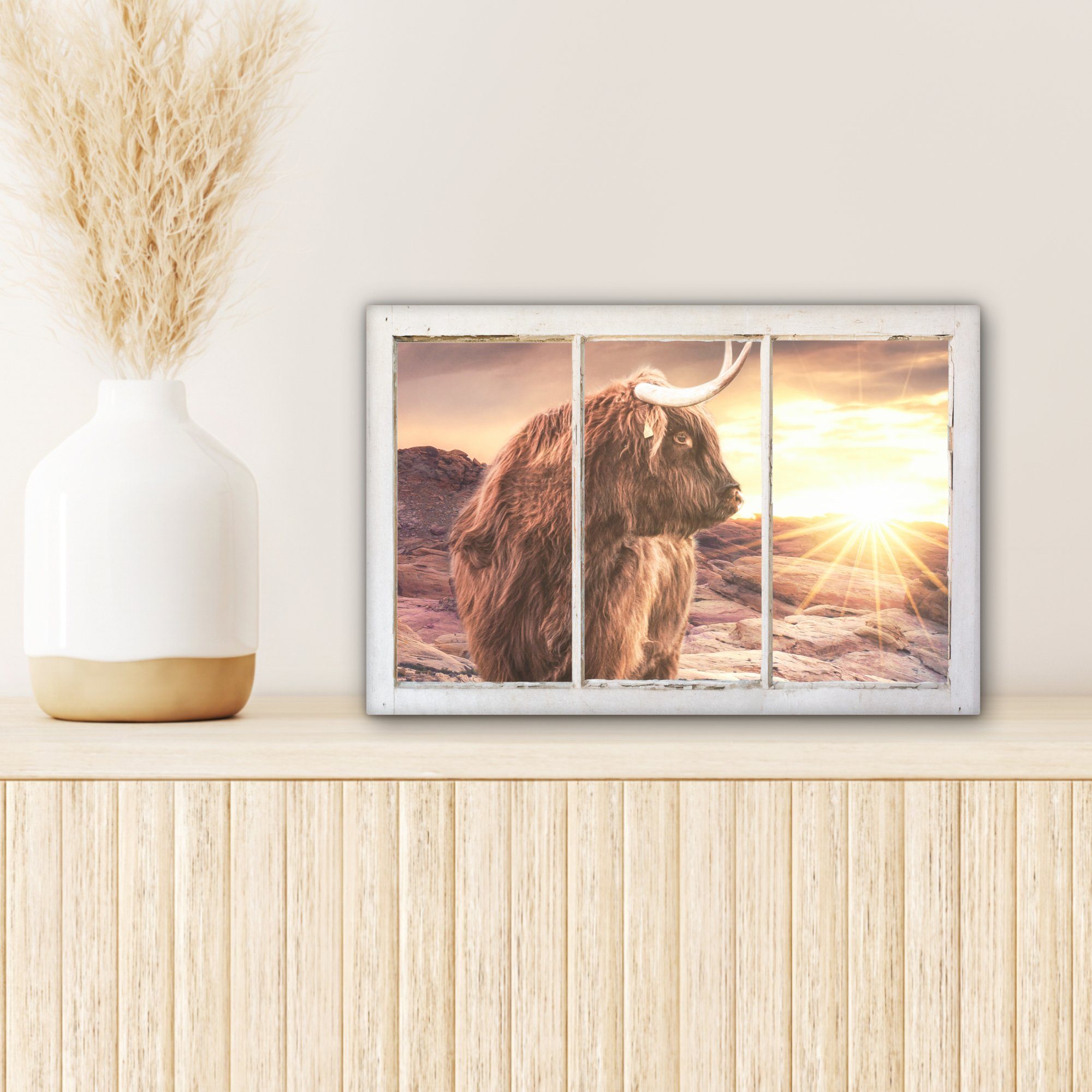 OneMillionCanvasses® Leinwandbild Schottischer Highlander Sonnenuntergang, Aussicht (1 Aufhängefertig, Wanddeko, St), - cm - Leinwandbilder, Wandbild 30x20