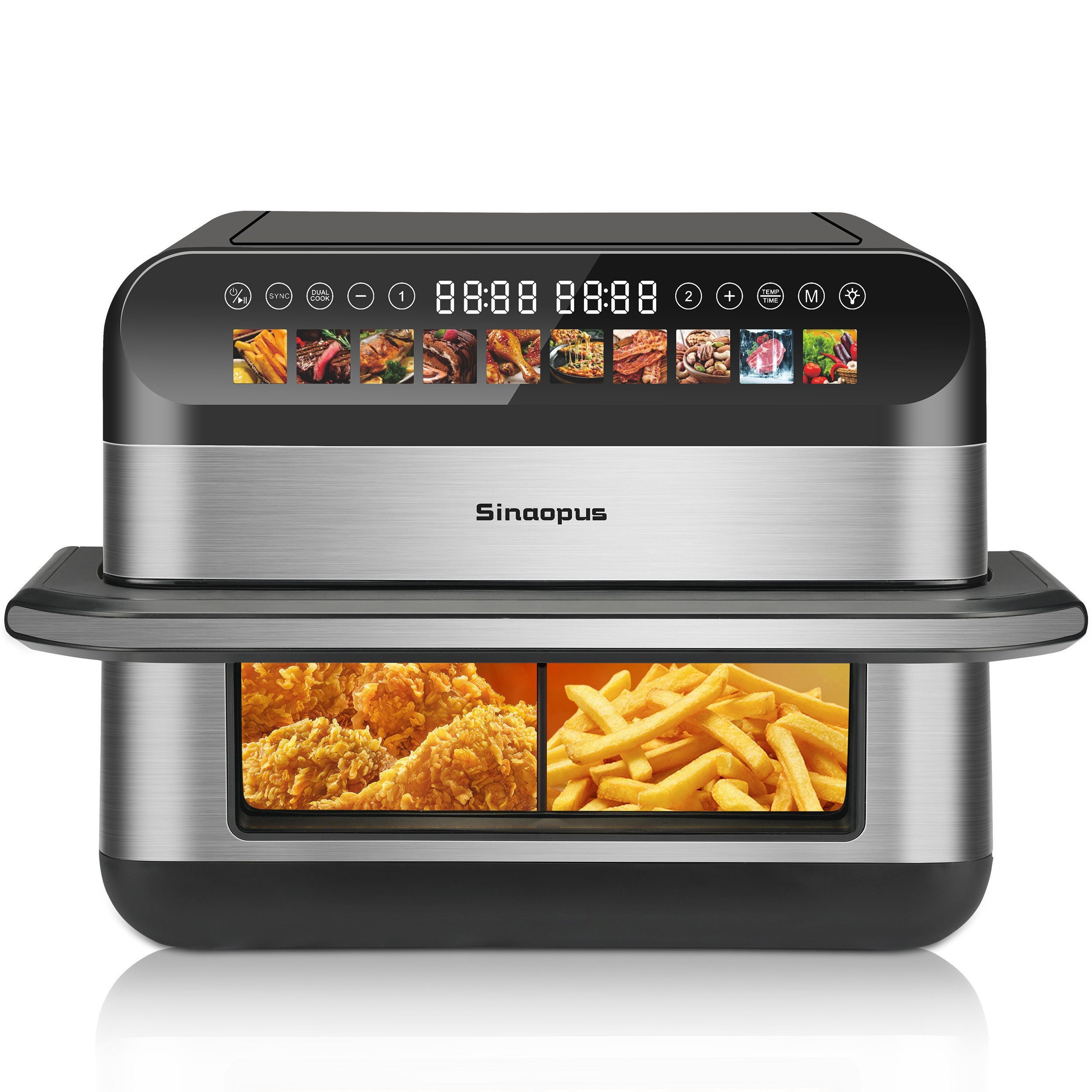 Sinaopus Heißluftfritteuse 10 L Doppelkammer Airfryer – Doppelbehälter-Modus mit unabhängiger Steuerung, 2400 W, Intelligente Synchronfunktion – zwei Gerichte gleichzeitig fertig