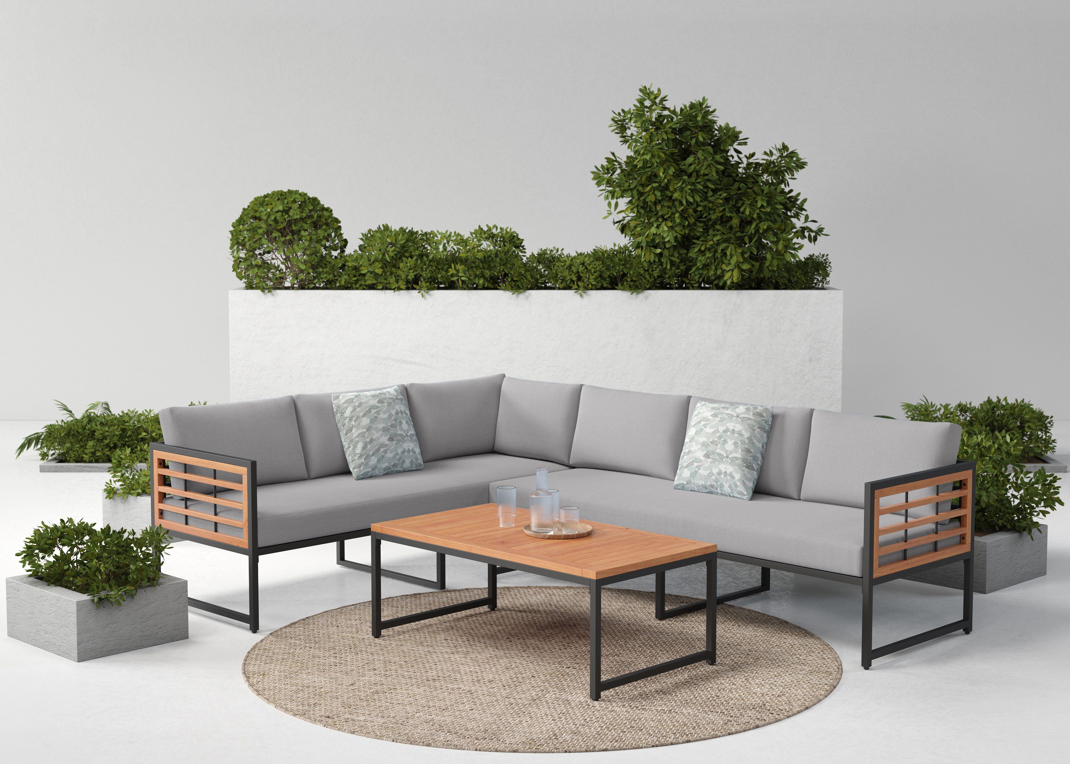 KONIFERA Gartenlounge-Set Lamia, (Set, 14-tlg., 2x3er Sofa, 1x Tisch 110x60x42cm, inkl. Auflagen, inkl. 2 Dekokissen), Stahl, Akazienholz, verschiedene Stellmöglichkeiten, Loungeset