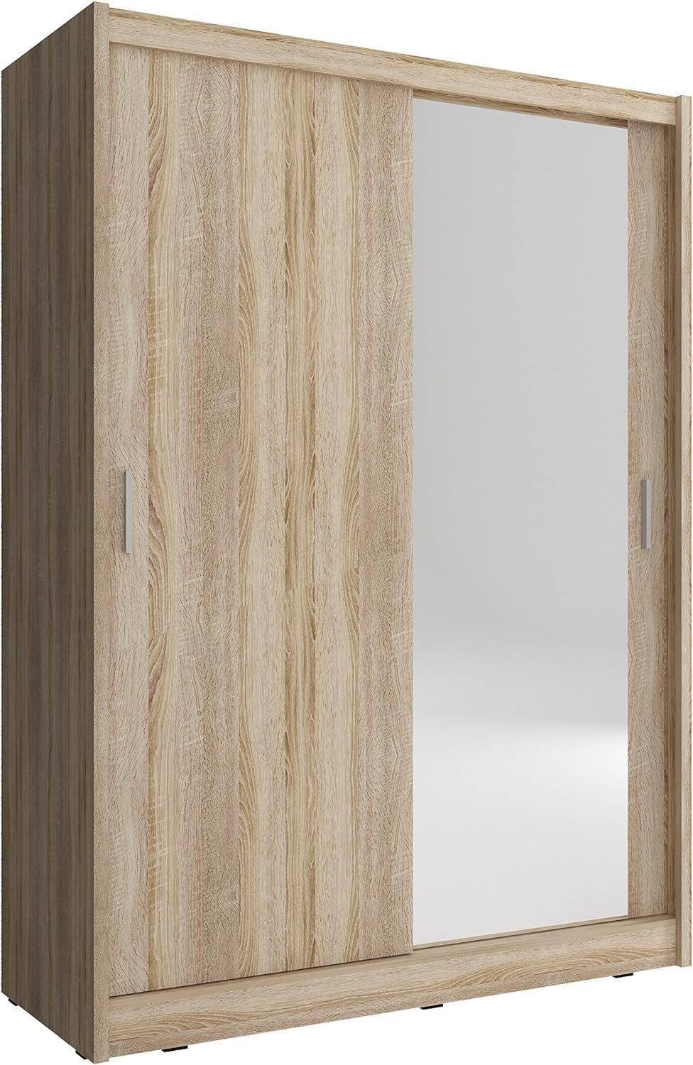 MOEBLO Kleiderschrank Borneo A1 (Wohnzimmerschrank 2-türig Schrank Gaderobe Schiebtüren, mit Spiegel Schwebetürenschrank mit Einlegeböden und Kleiderstange) (BxHxT): 130/150x200x60cm Sonoma