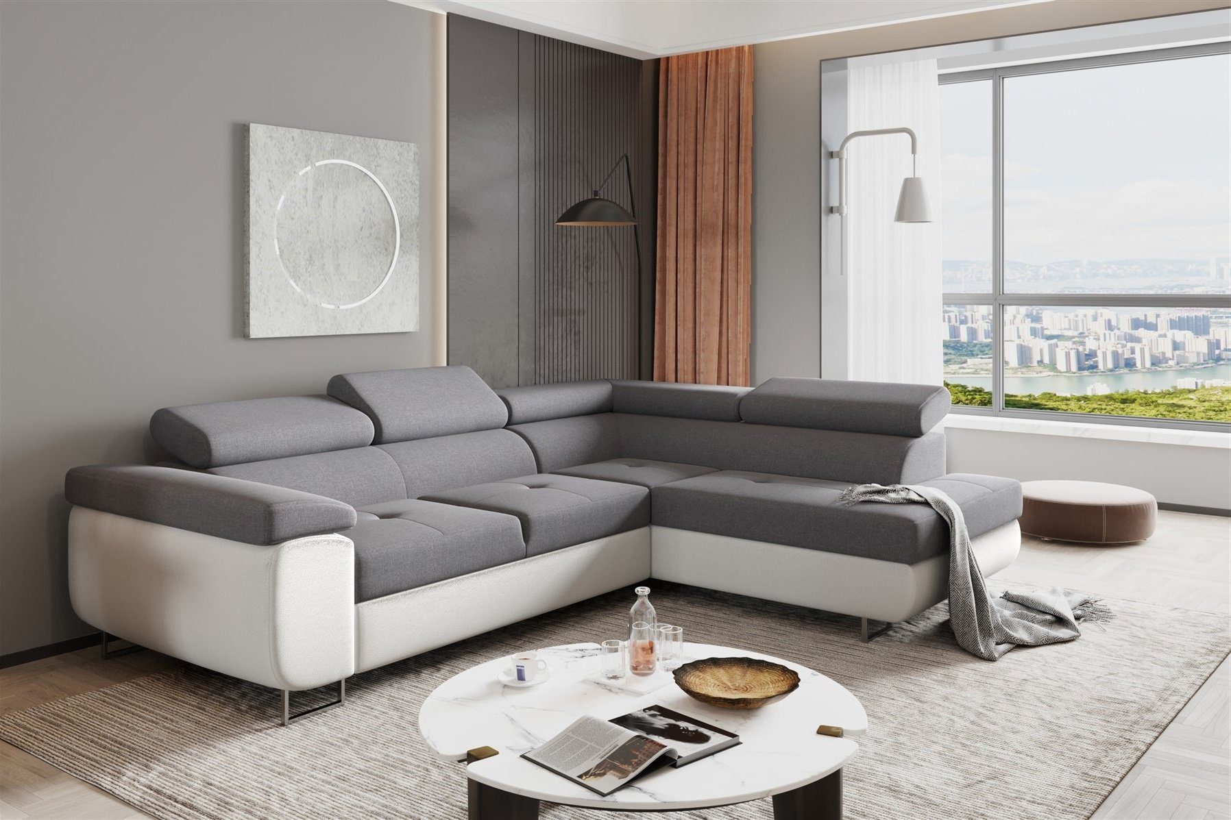 Fun Möbel Ecksofa Couchgarnitur JADE Weiß-Grau Schlaffunktion Ottomane Rechts Links, 1 Teile, mit Schlaffunktion